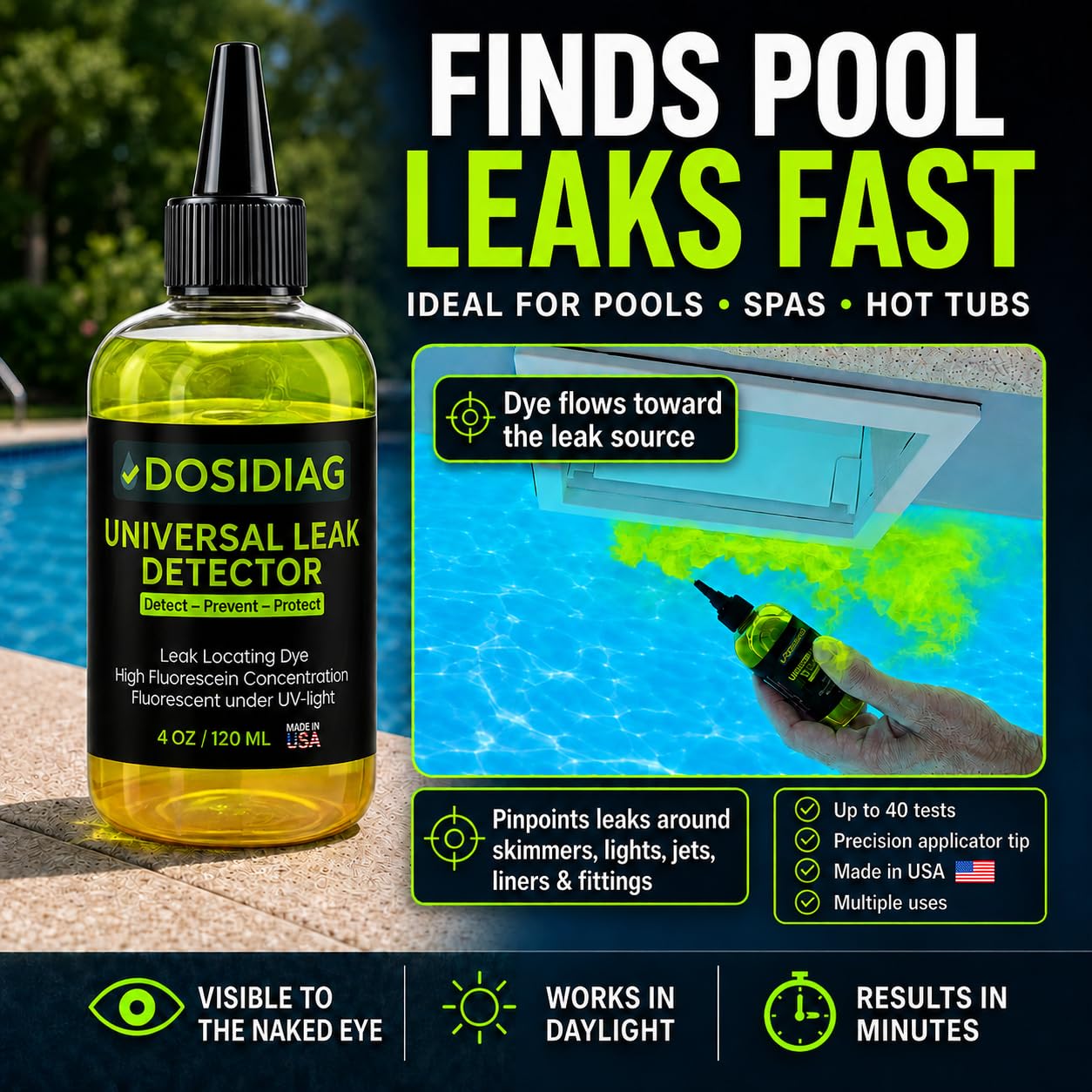 Precision tip of DOSIDIAG Pool Leak Detection Dye