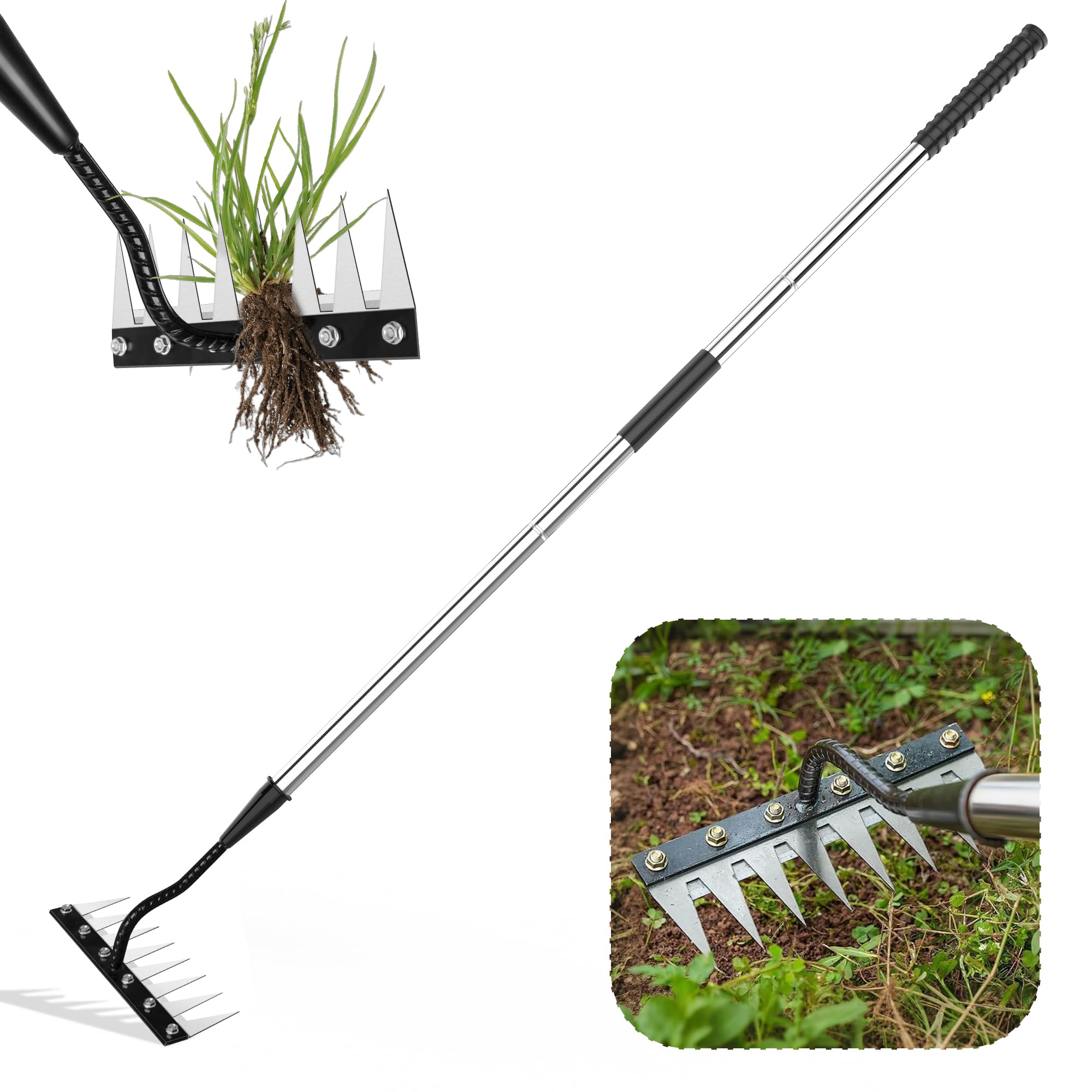 PREMJIN Iron Weeding Rake 2.0 with 8-tooth head and long handle
