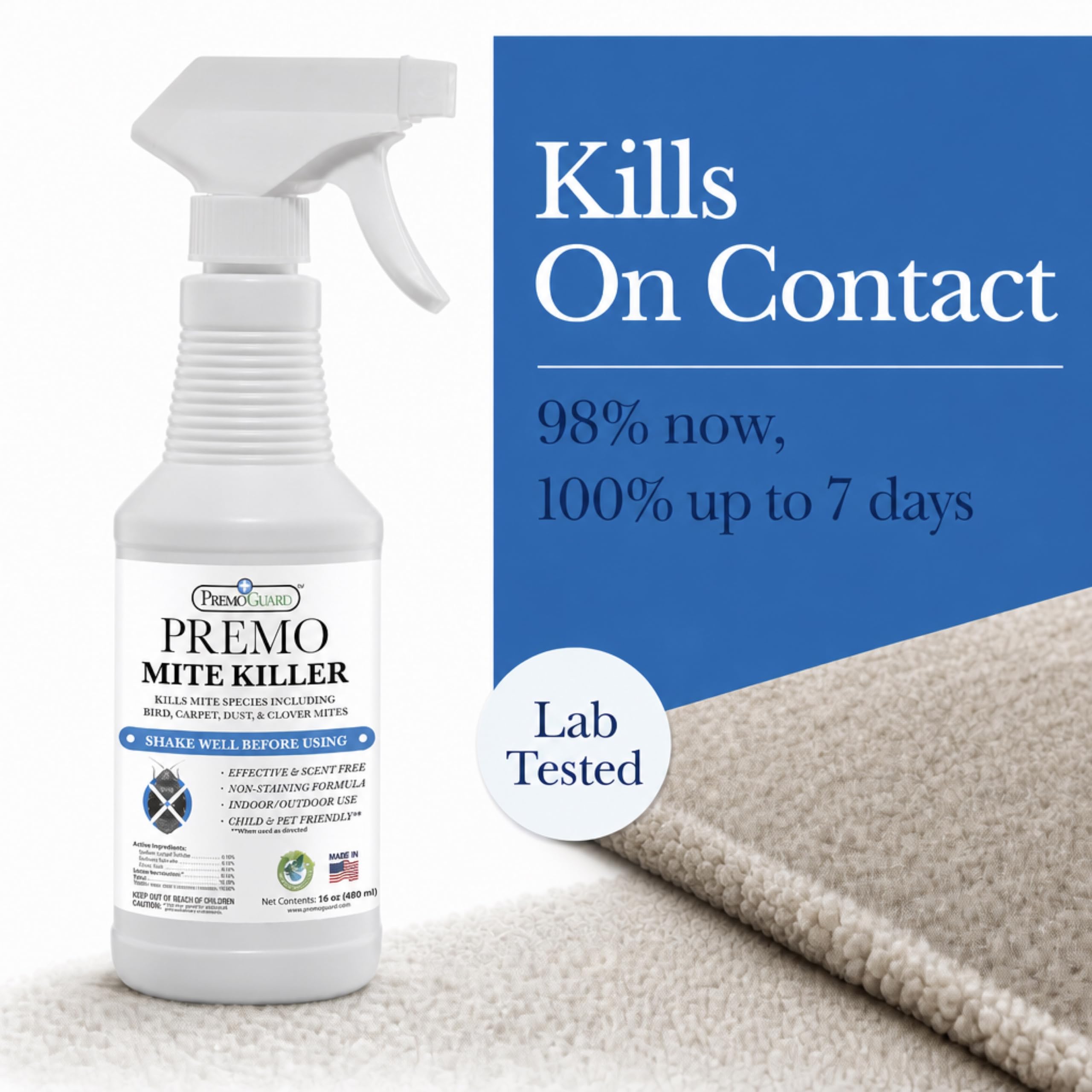 Premo Guard Natural Mite Spray displayed in a family living area