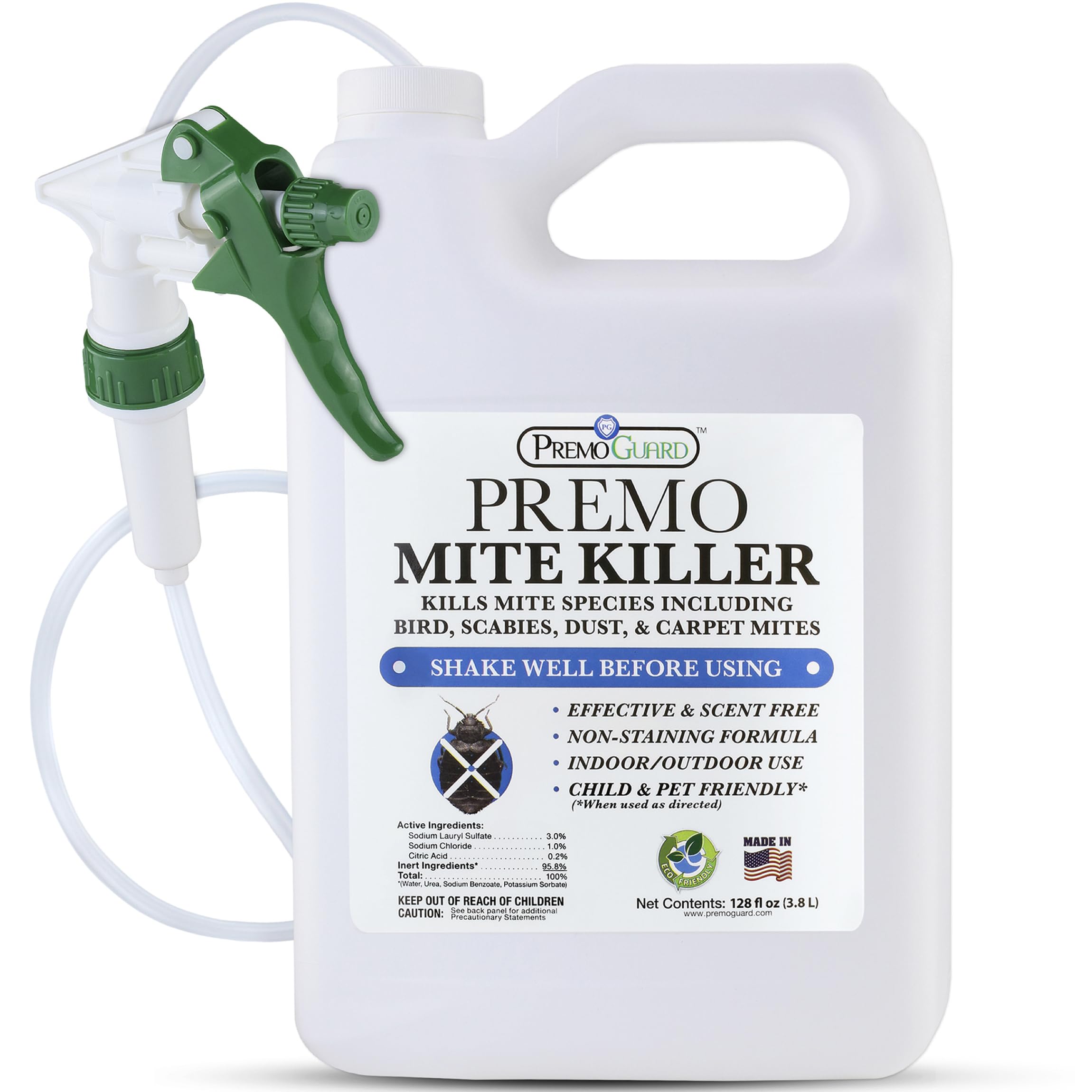 Premo Guard Natural Mite Spray liquid pouring from bottle