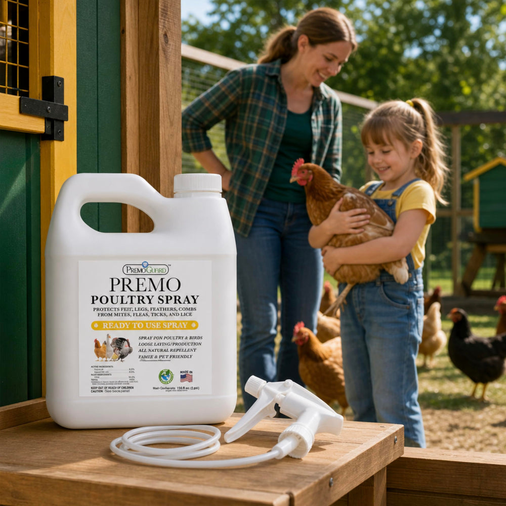 Premo Guard Natural Poultry Spray in a garden setting