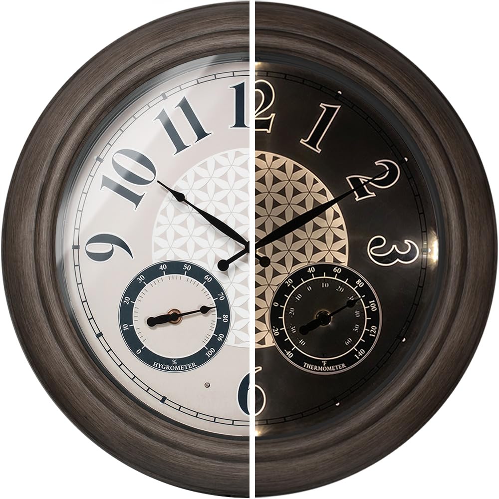 Presentime 18 Inch Illuminated Outdoor Clock front view with grey oak finish