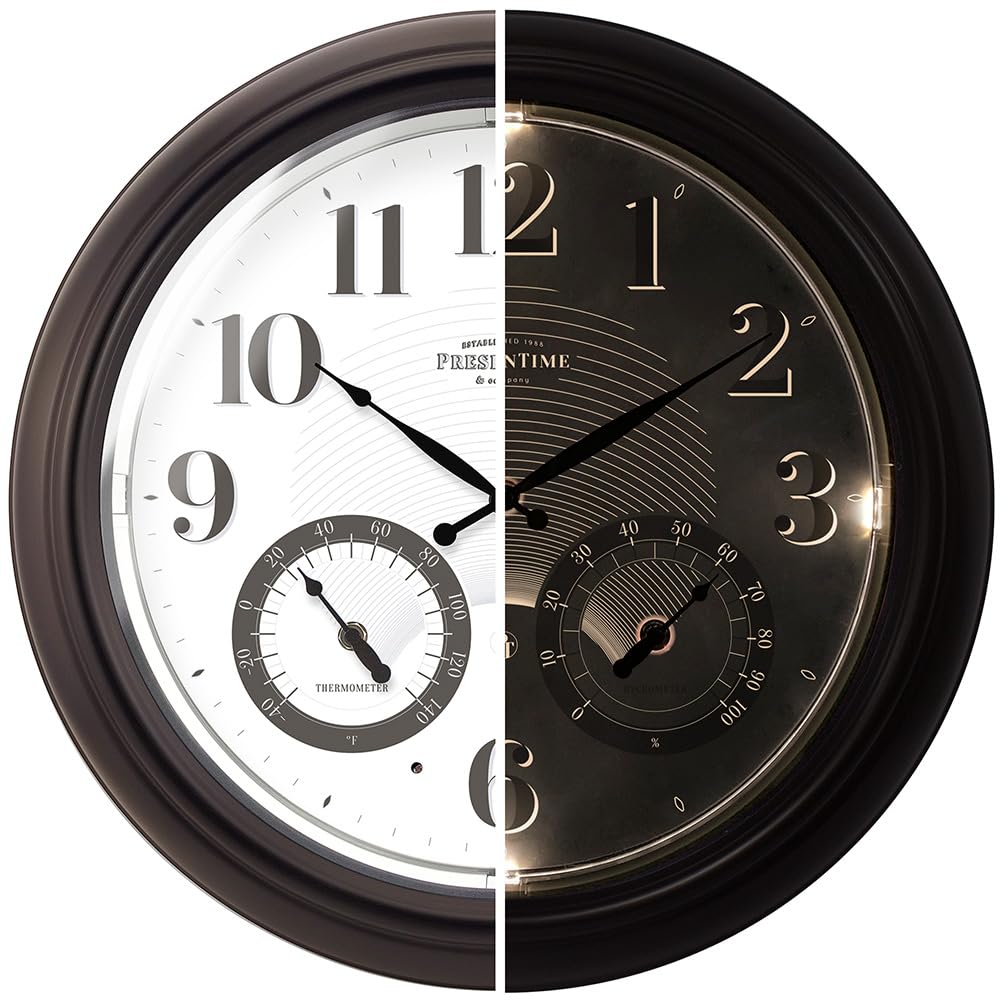 Presentime 18 Inch Illuminated Outdoor Clock front view with warm white lights