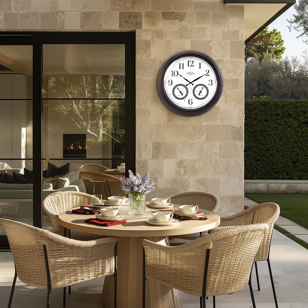 Presentime clock with oil rubbed bronze finish showing time and weather readings