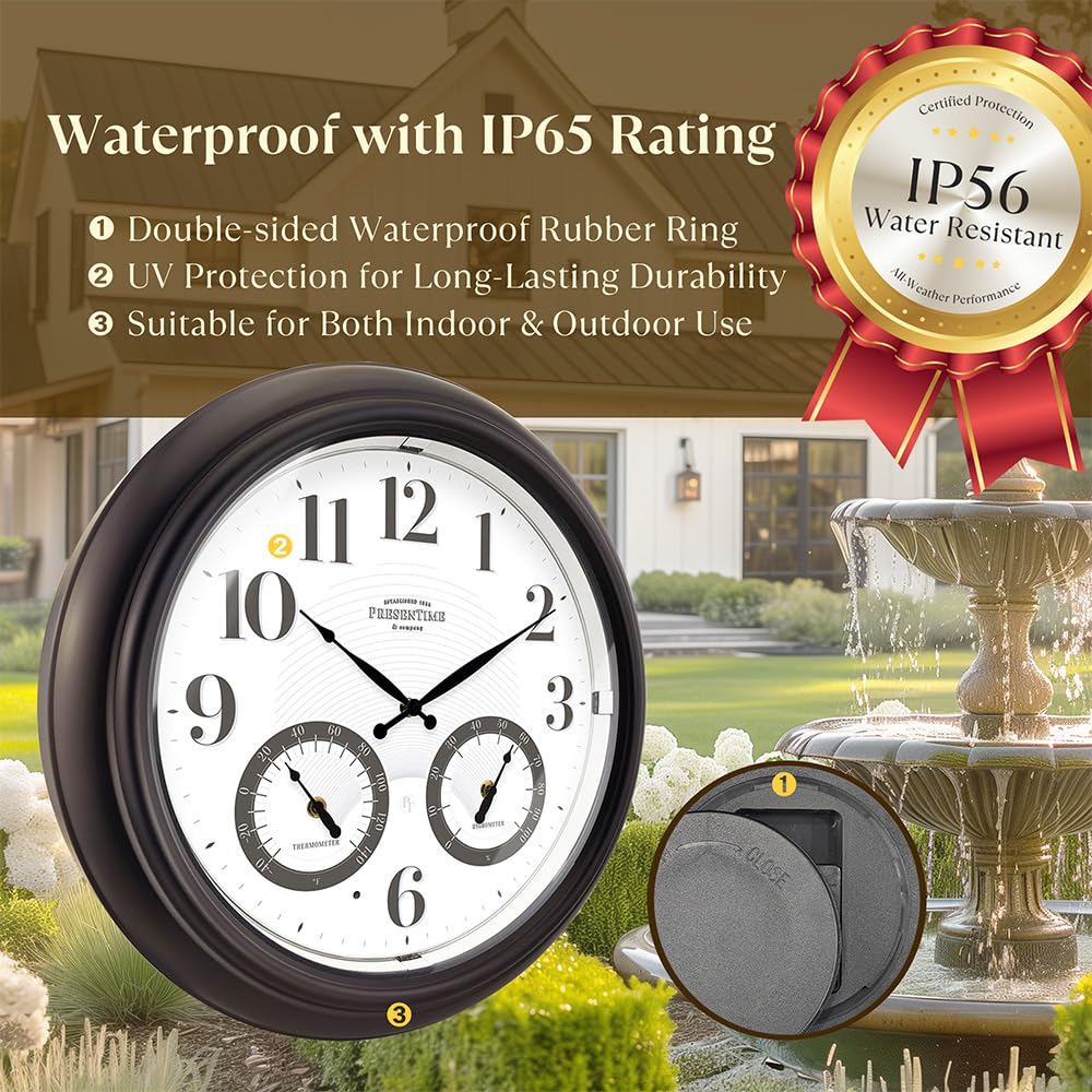 Presentime Outdoor Clock on patio wall with lush garden background