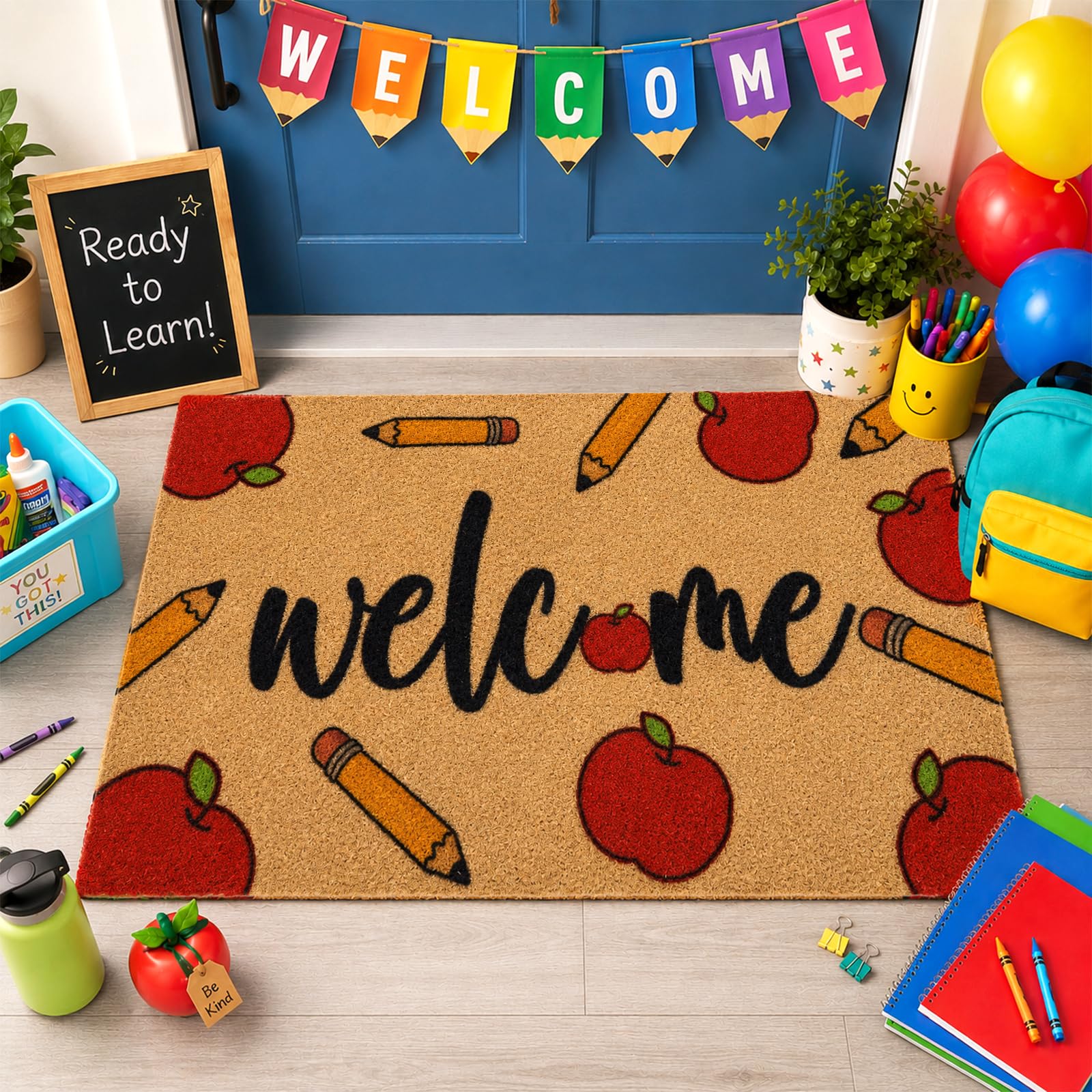 Prewplam Classroom Welcome Door Mat with apple design front view
