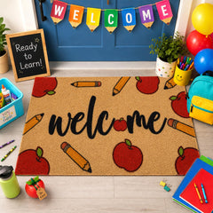 Prewplam Classroom Welcome Door Mat with apple design front view