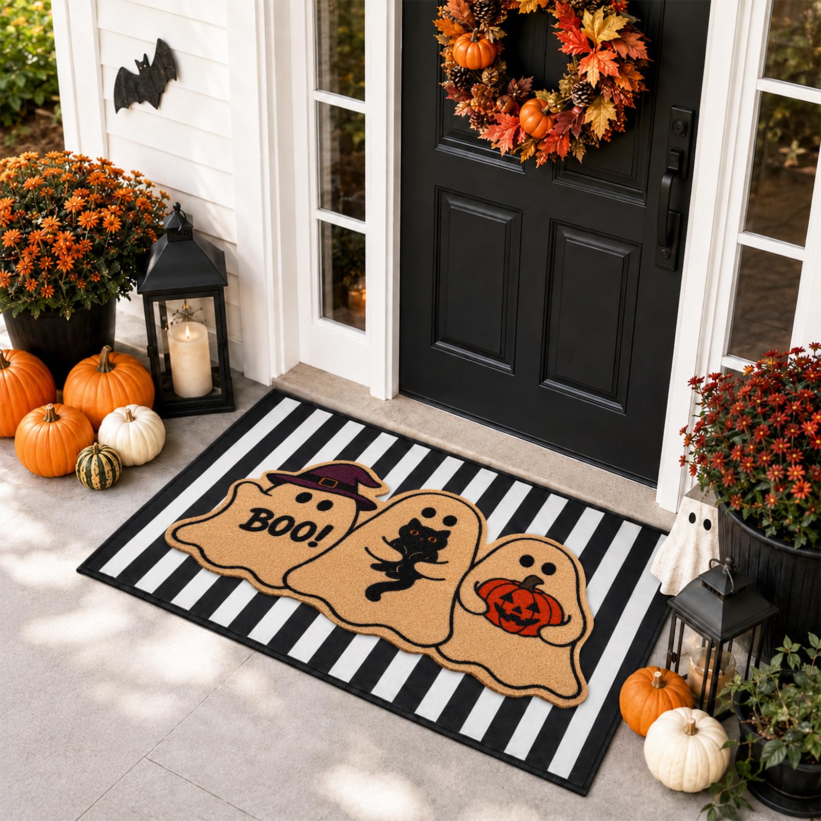 Prewplam Halloween Ghost Doormat Set with Boo design and striped mat