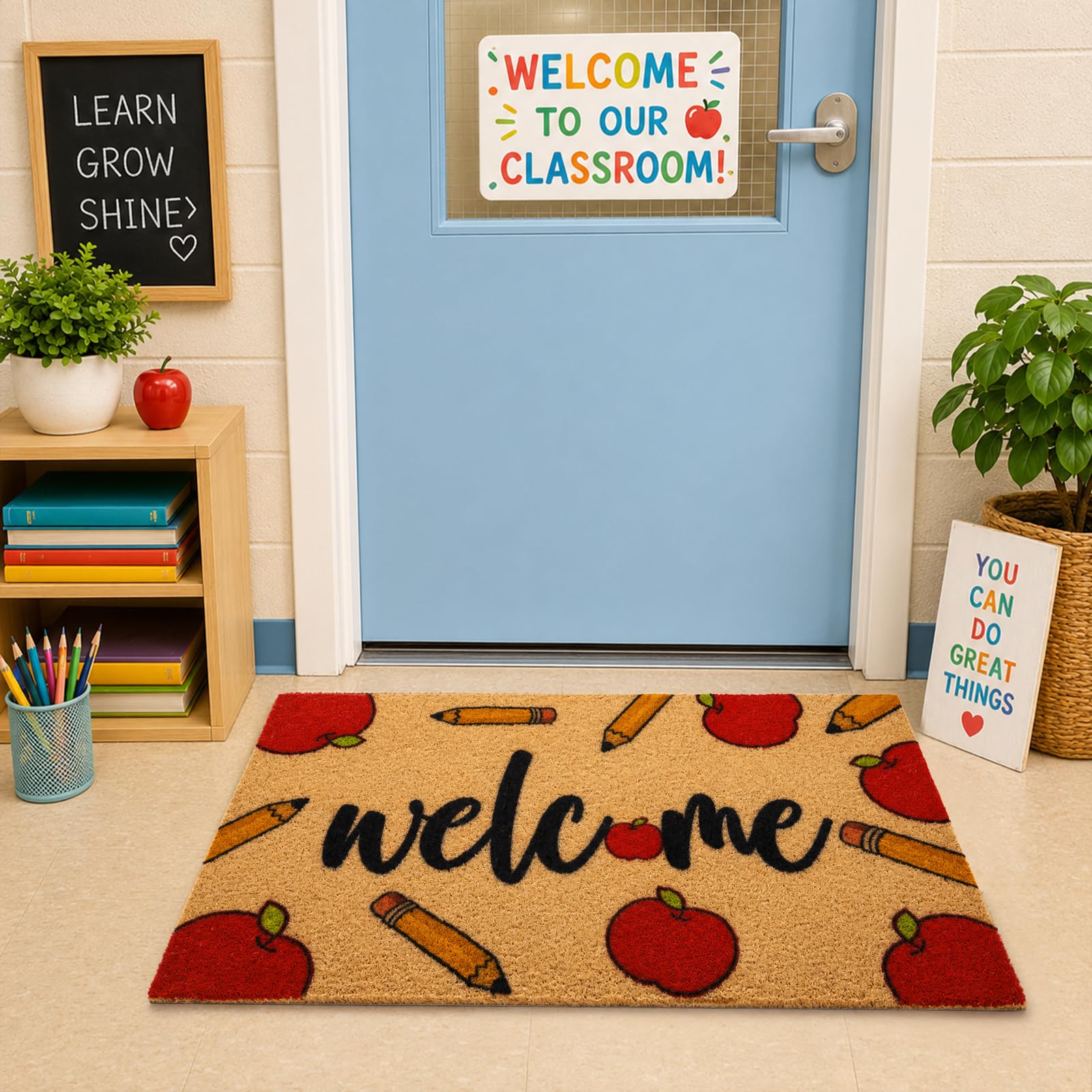 Prewplam Welcome Door Mat displayed with classroom decor