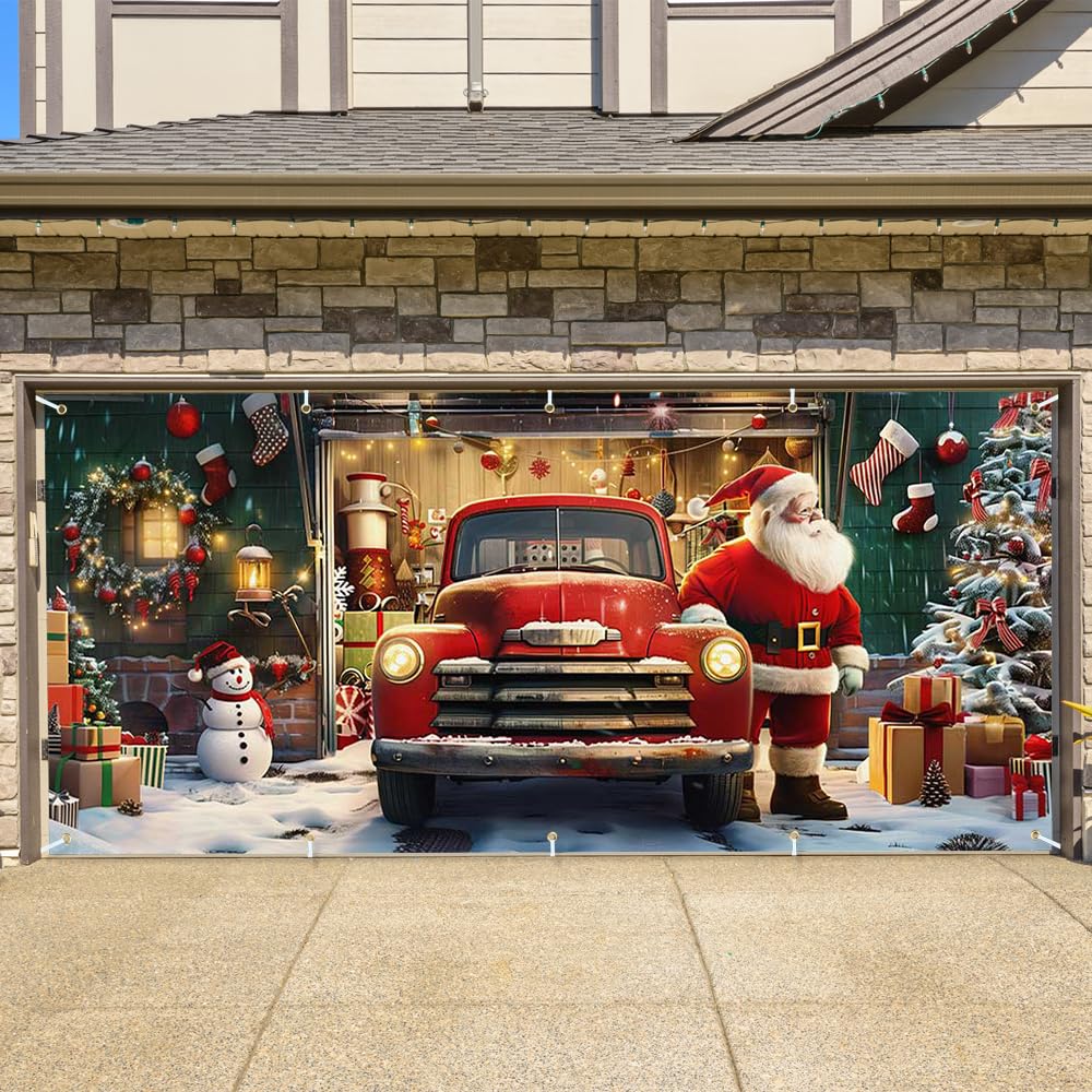 Printspree Christmas Garage Door Cover front view with Santa and vintage truck