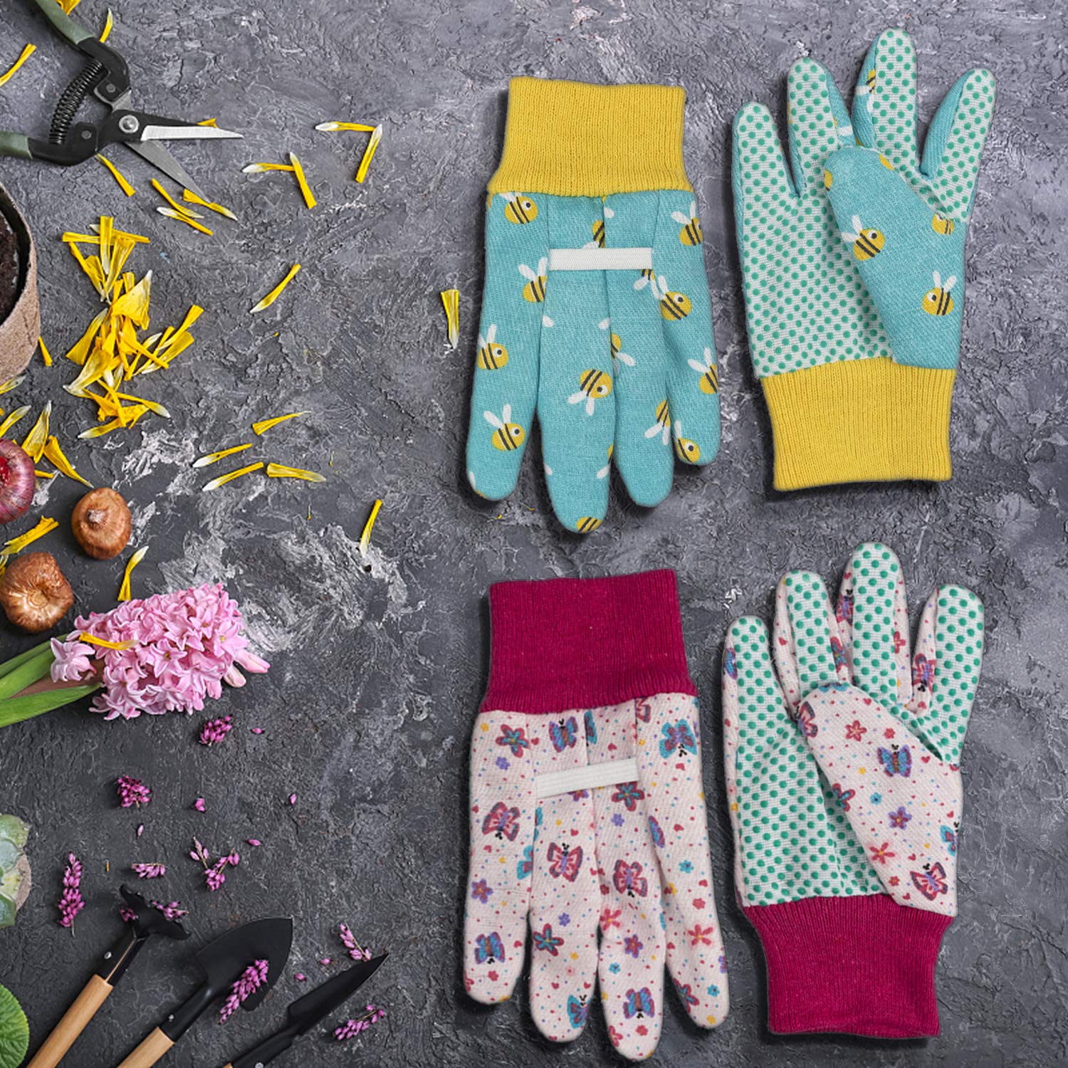 PROMEDIX P Kids Garden Gloves displayed with gardening tools