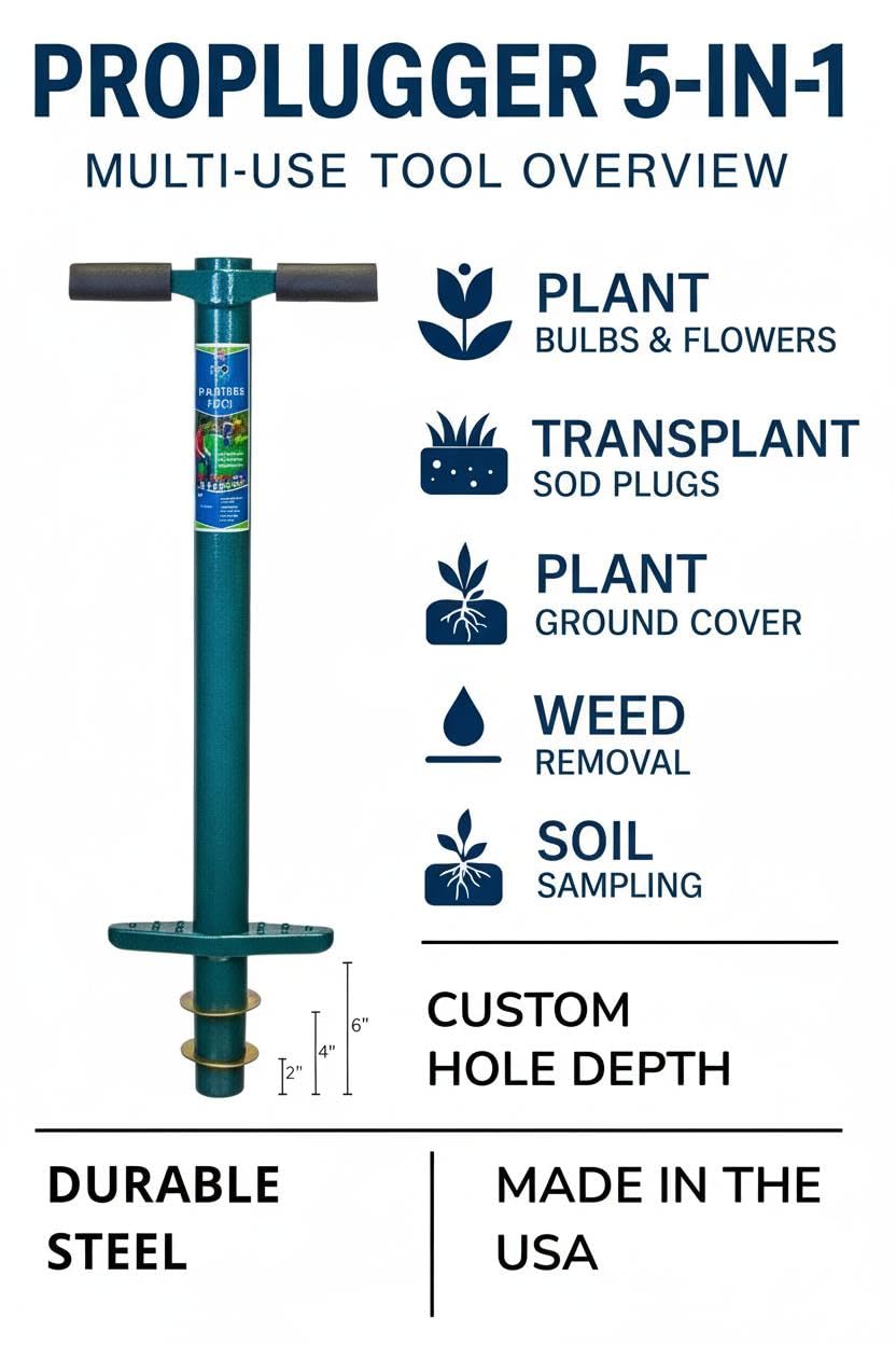 ProPlugger 5-IN-1 Lawn Tool showing planting depth rings