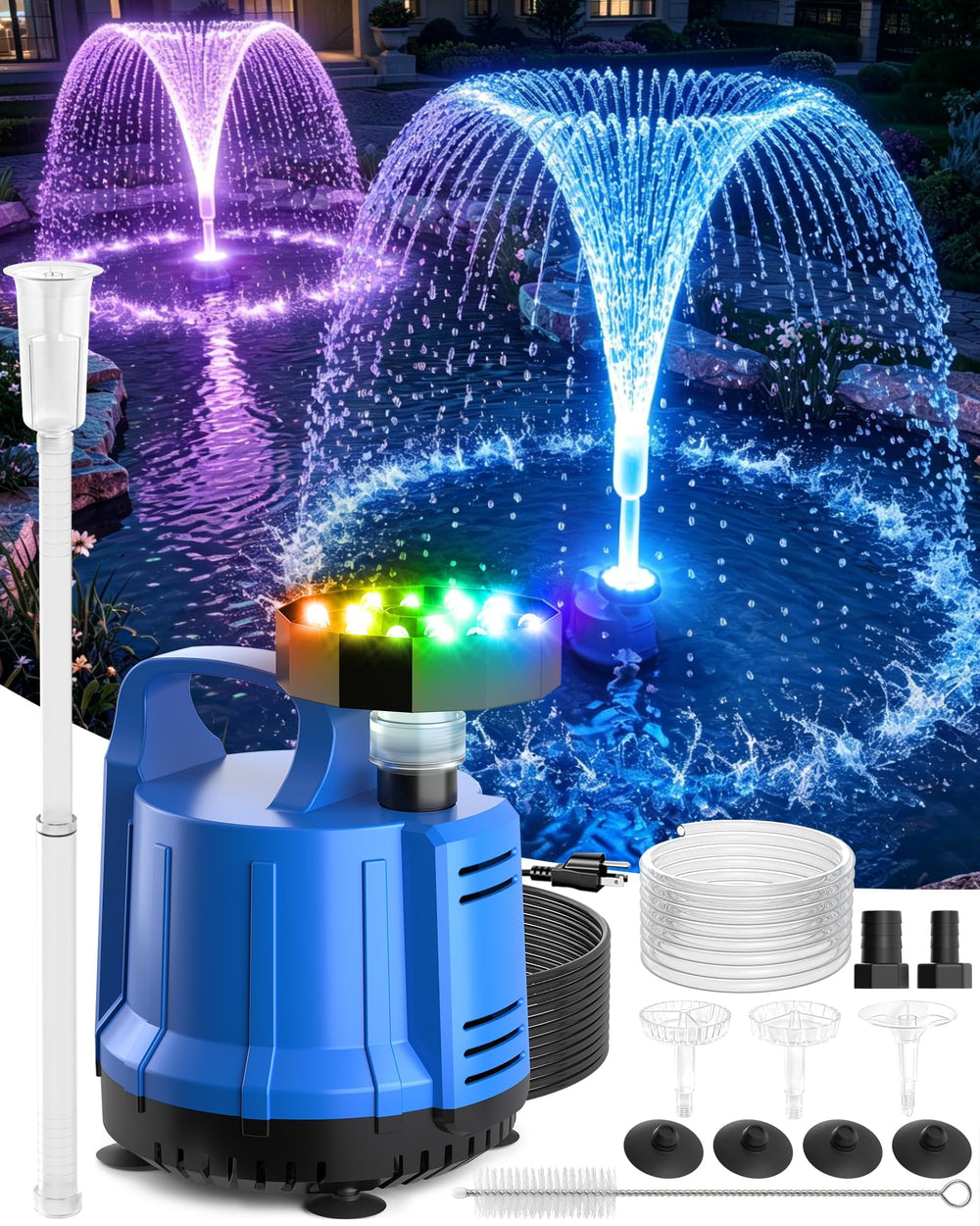 ProSplash Submersible Pond Pump front view with RGB LED lights