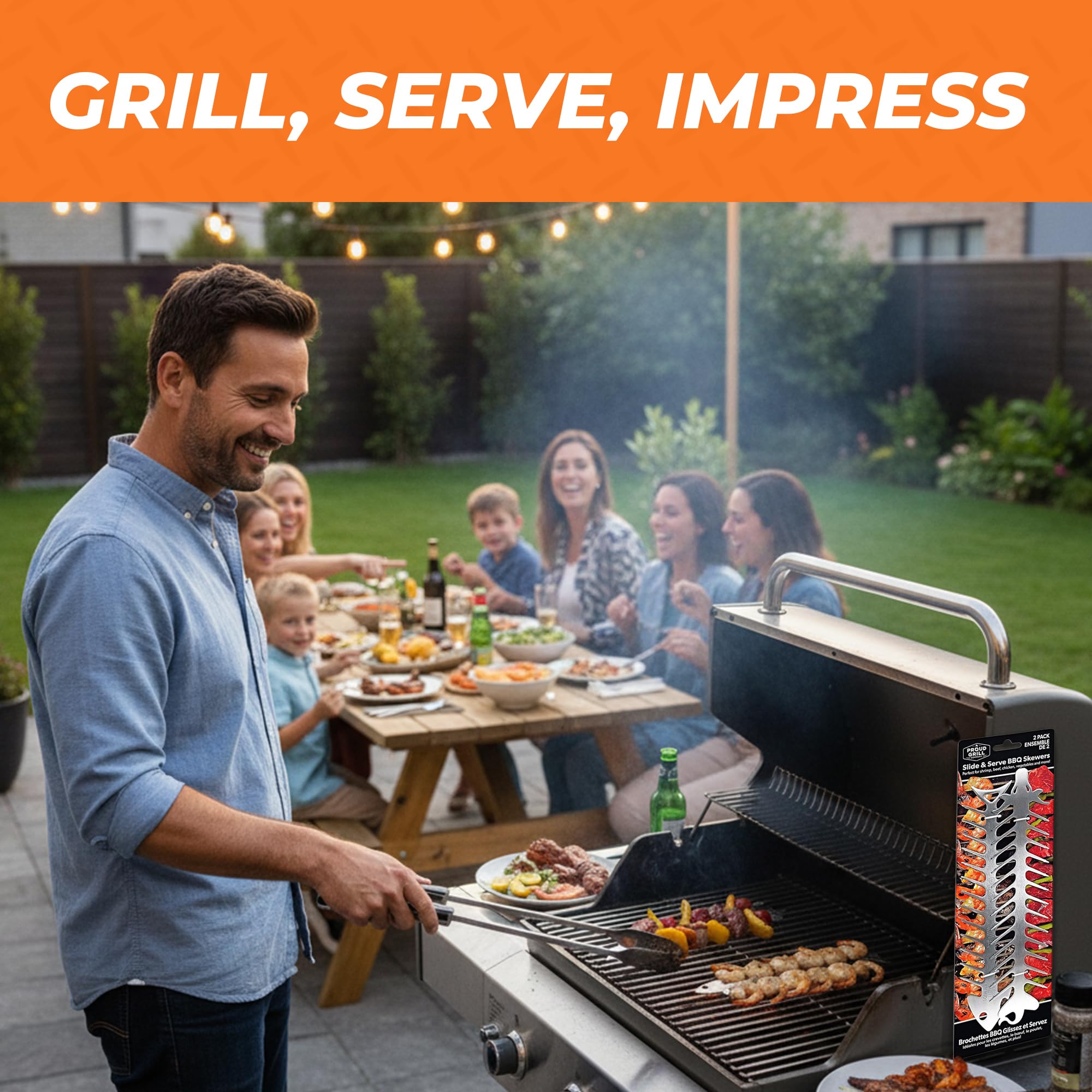 Proud Grill BBQ Skewers on a picnic table with food