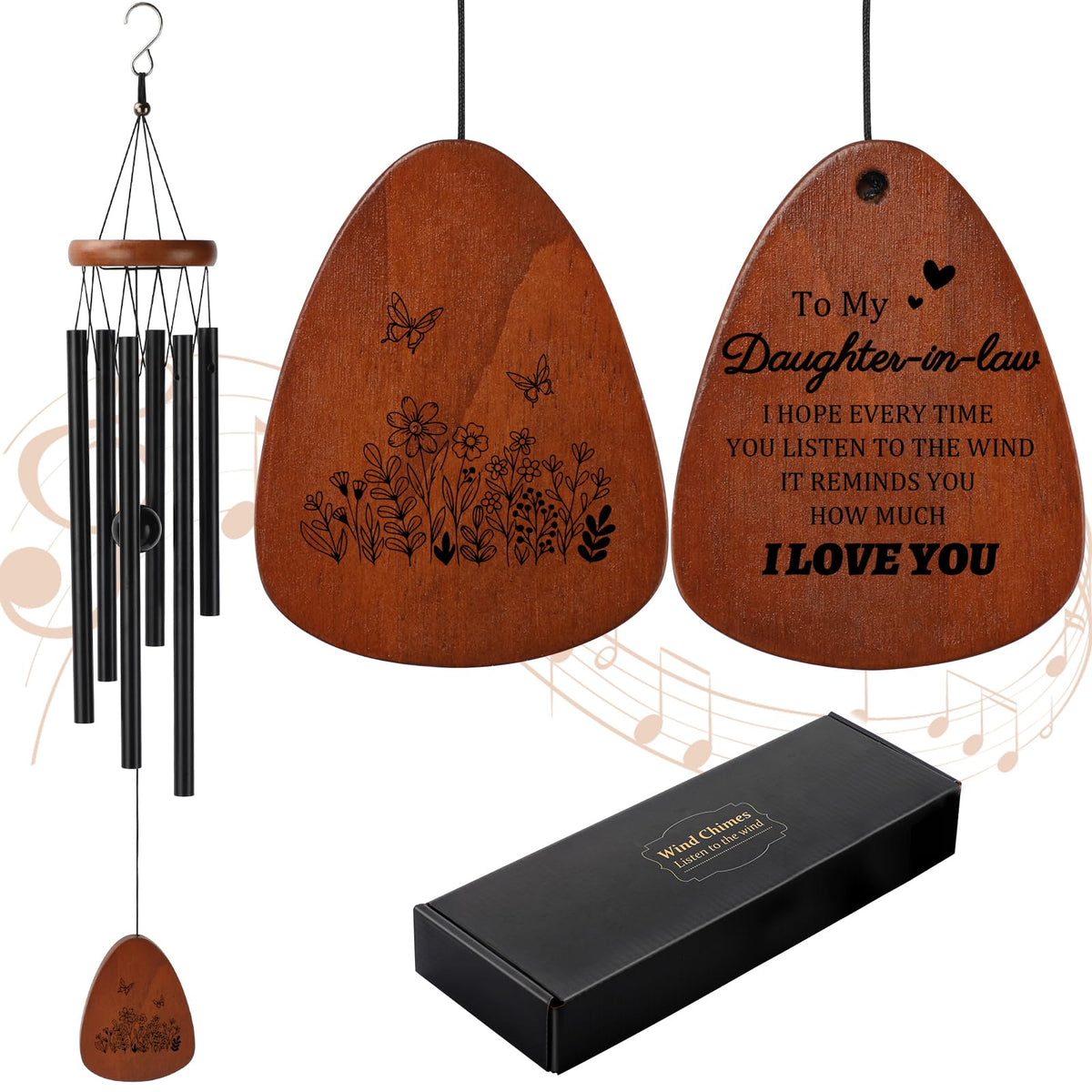 PRSTENLY Daughter-in-law wind chimes front view with wooden finish