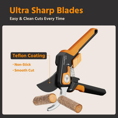 PrunePro pruning shears displayed on a wooden background