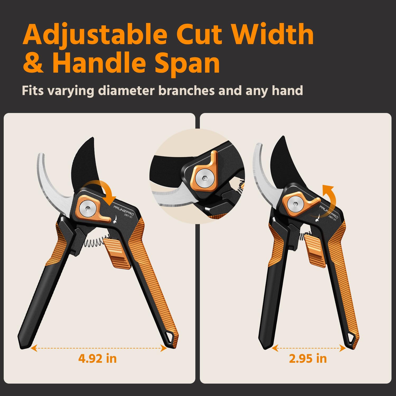PrunePro pruning shears in hand demonstrating ergonomic grip