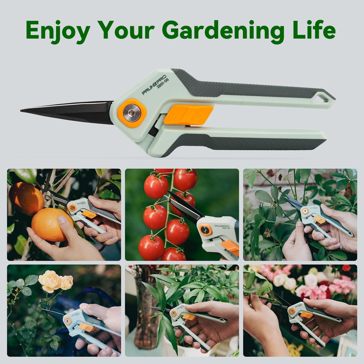 PrunePro shears on a wooden garden table with plants in background