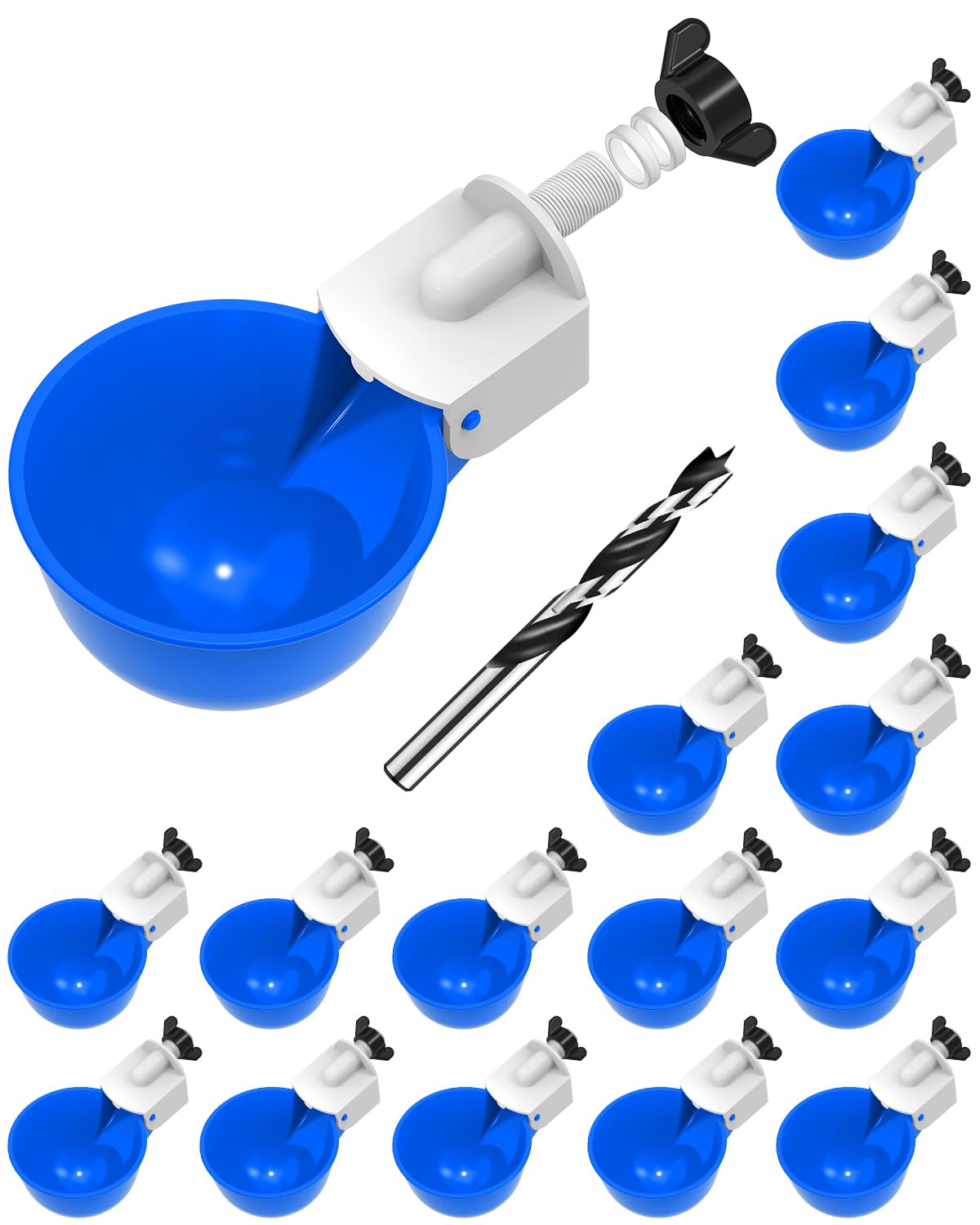 psarnuk Chicken Waterer Cups 16 Pack in blue color with drill bit