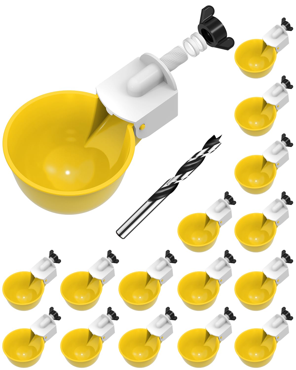 psarnuk Chicken Waterer Cups 16 Pack yellow cups with drill bit