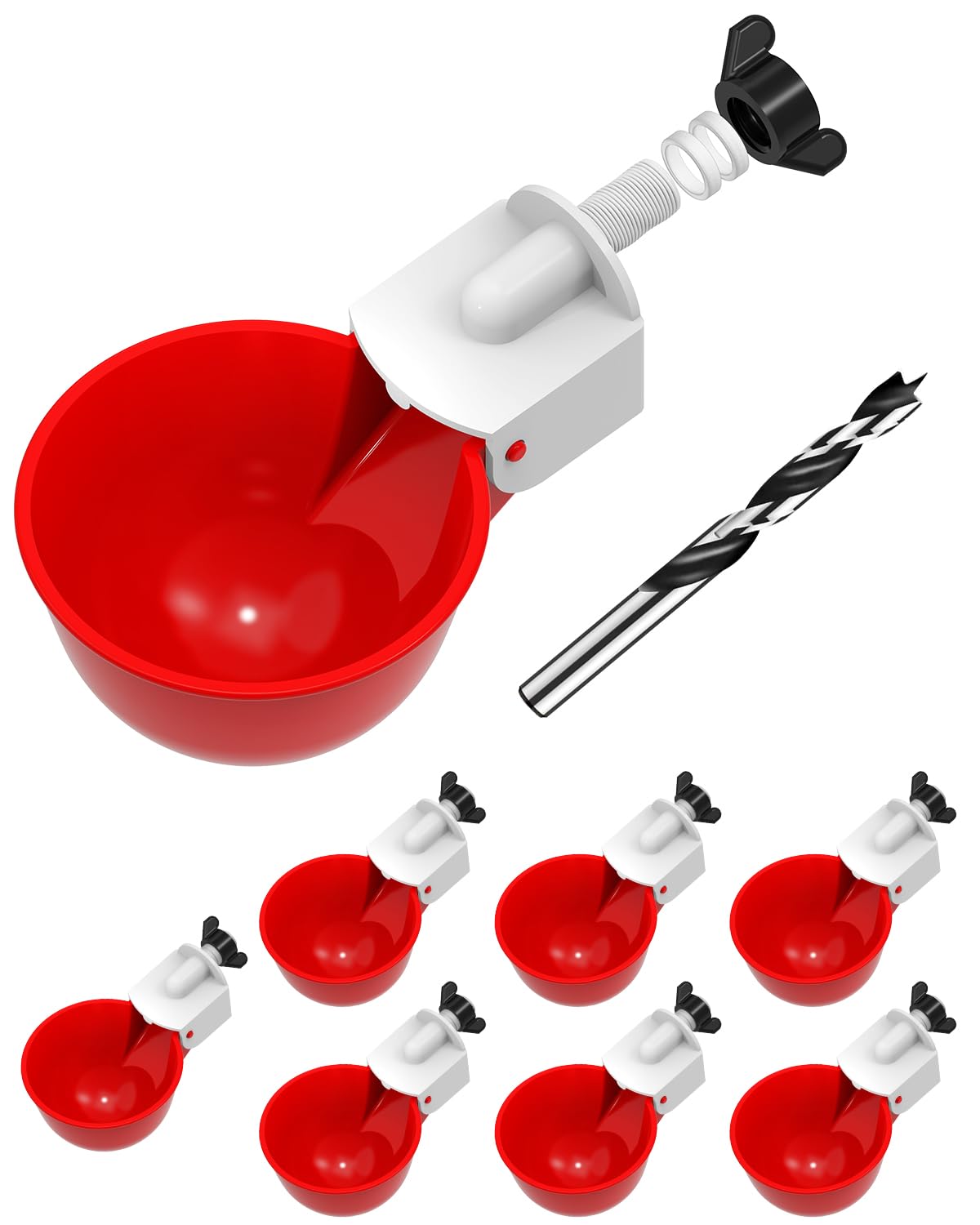 psarnuk Chicken Waterer Cups 8 Pack with Drill Bit, Red front view