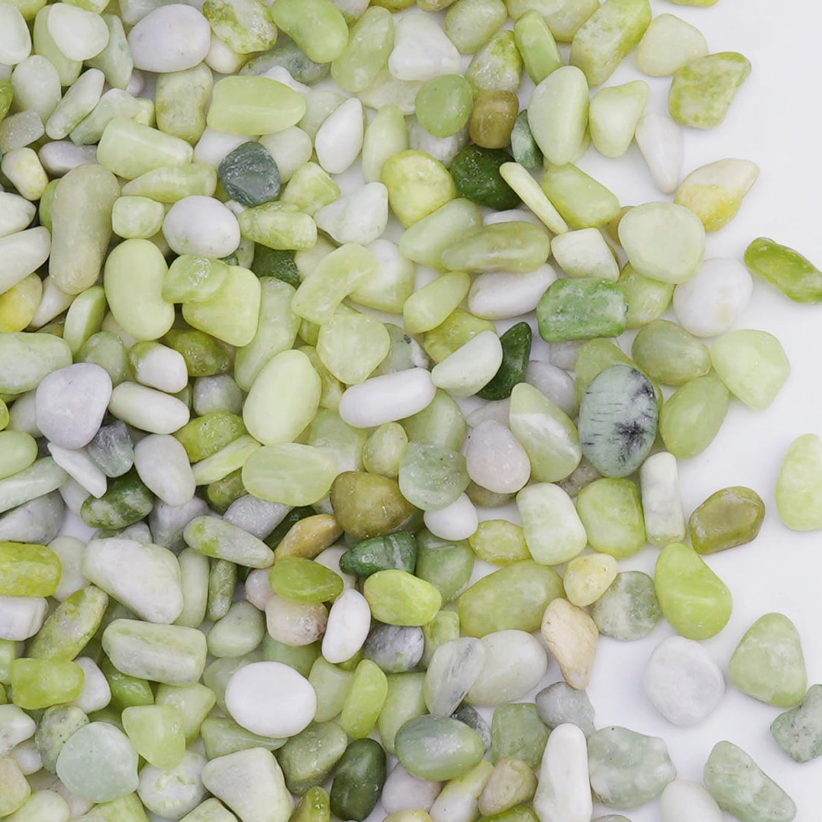 Pulovin 10 lbs jade pebbles in a decorative display