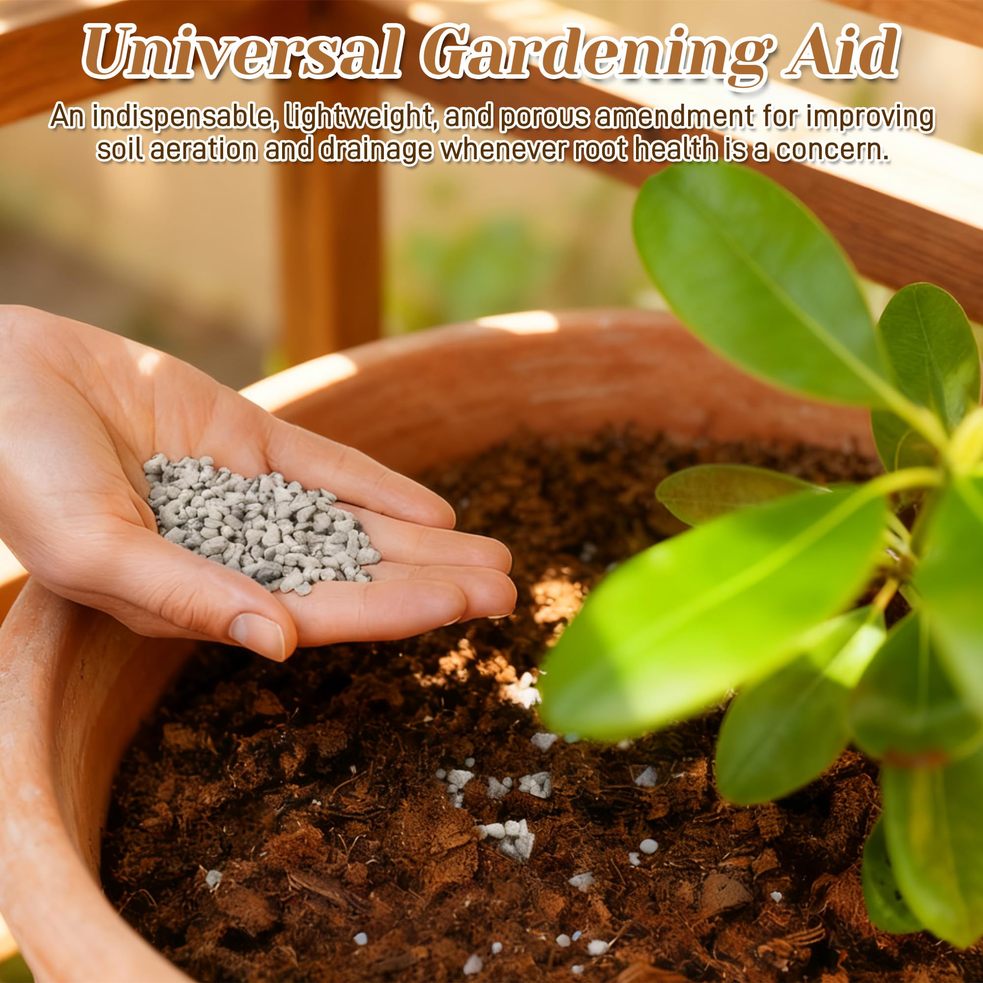 Pumice particles mixed in potting soil for better drainage