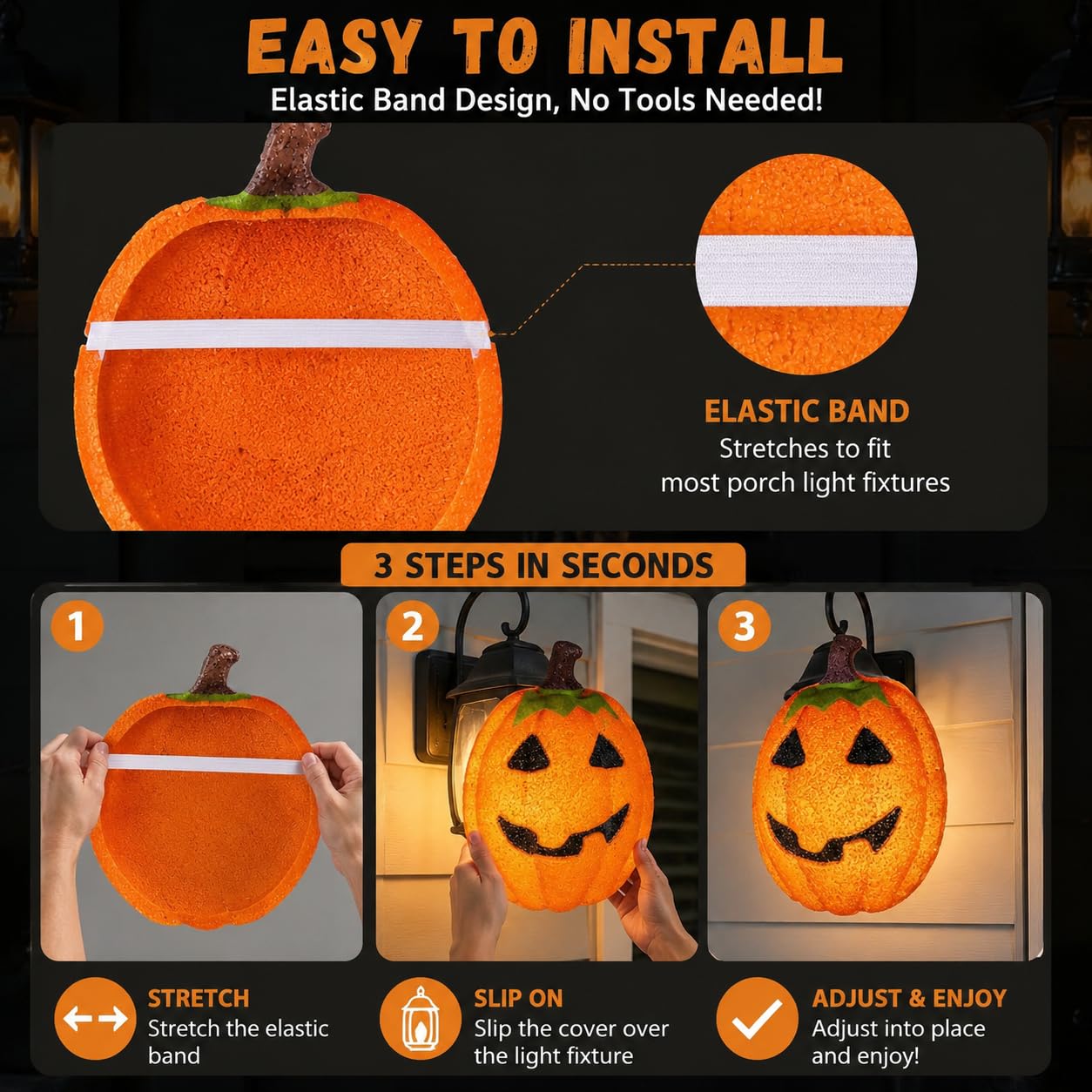 Pumpkin light cover in a Halloween outdoor decoration setup