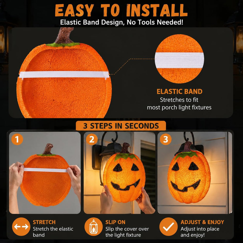 Pumpkin light cover in a Halloween outdoor decoration setup
