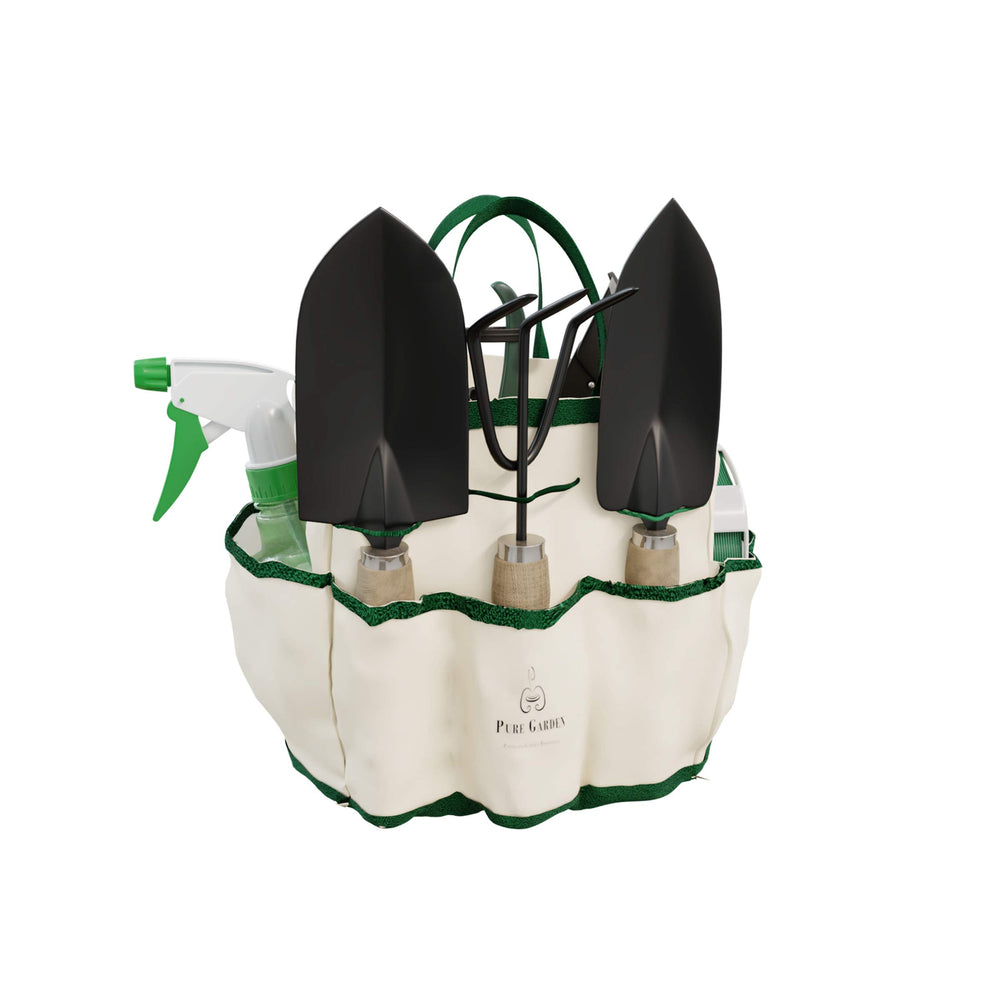 Pure Garden 8-Piece Garden Tool Set with beige canvas tote front view