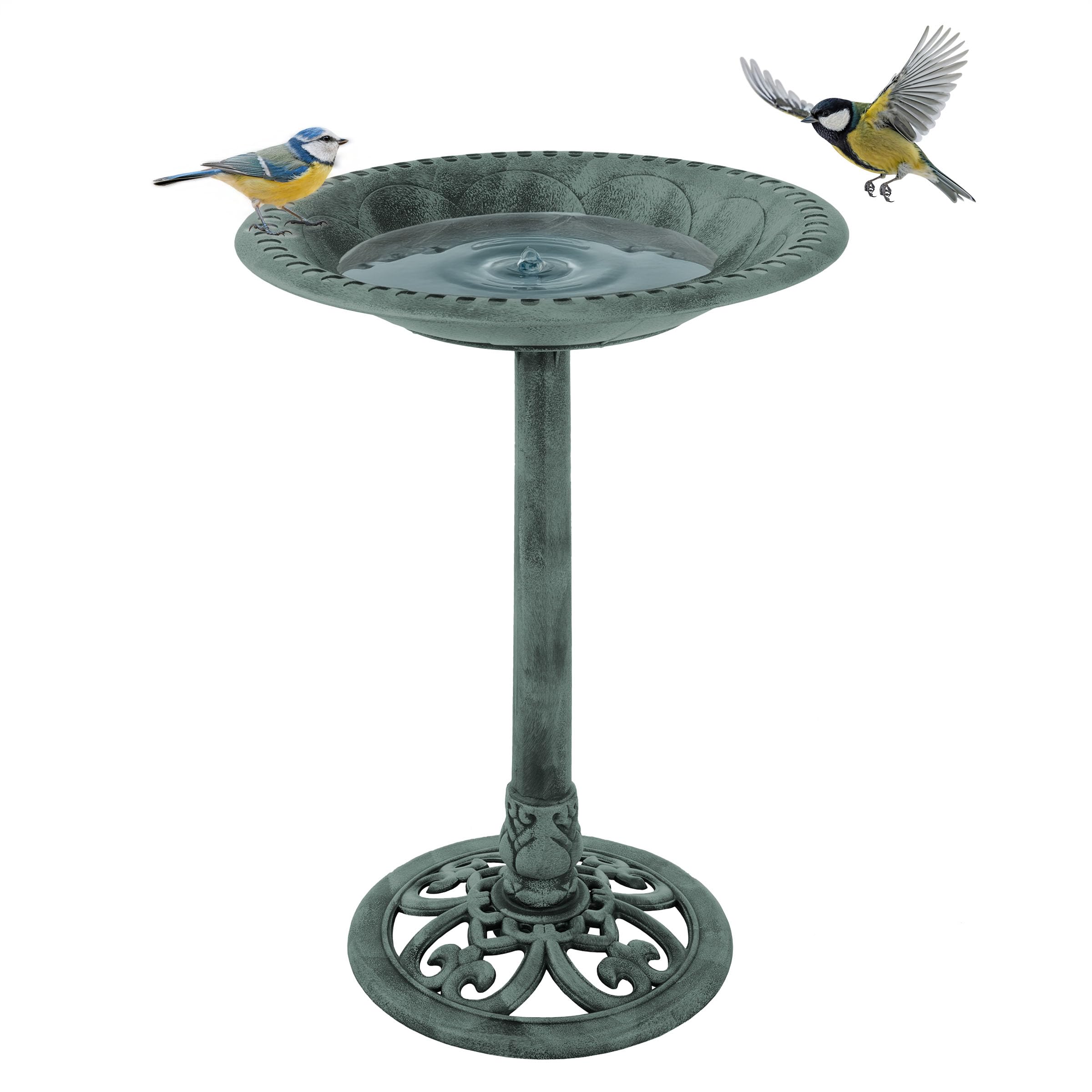 Pure Garden Antique Bird Bath with decorative scrollwork detail, Patina Green