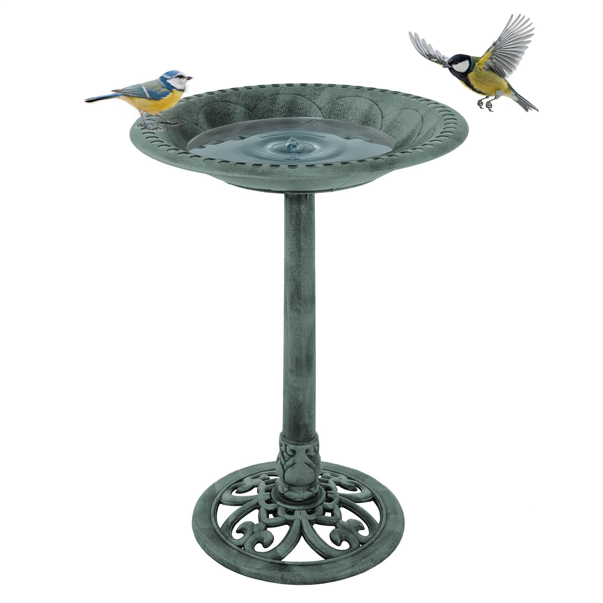 Pure Garden Antique Bird Bath with decorative scrollwork detail, Patina Green