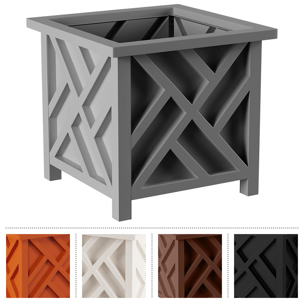 Pure Garden Lattice Outdoor Planter Box, gray, on a deck