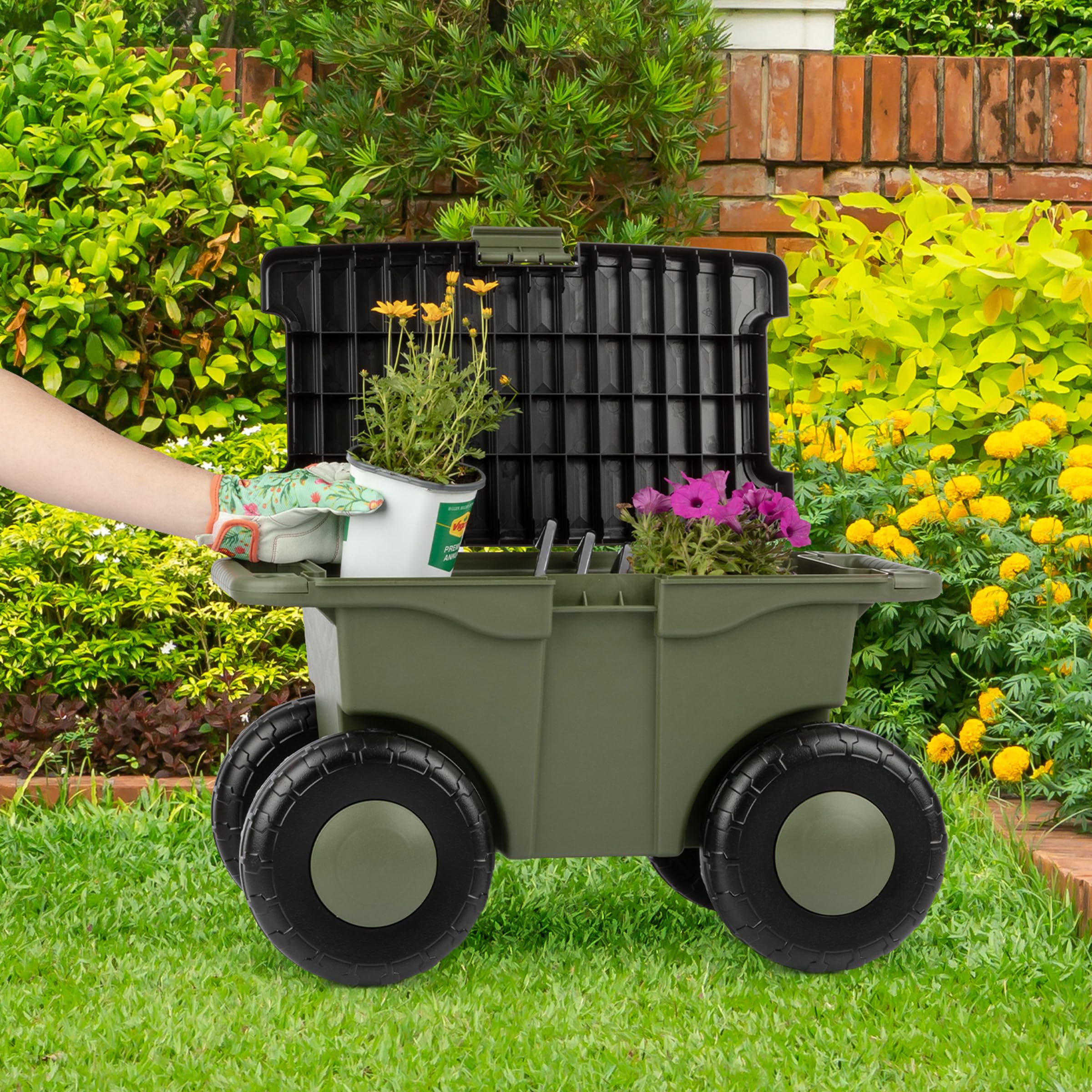 Pure Garden Rolling Garden Cart showing sturdy seat lid