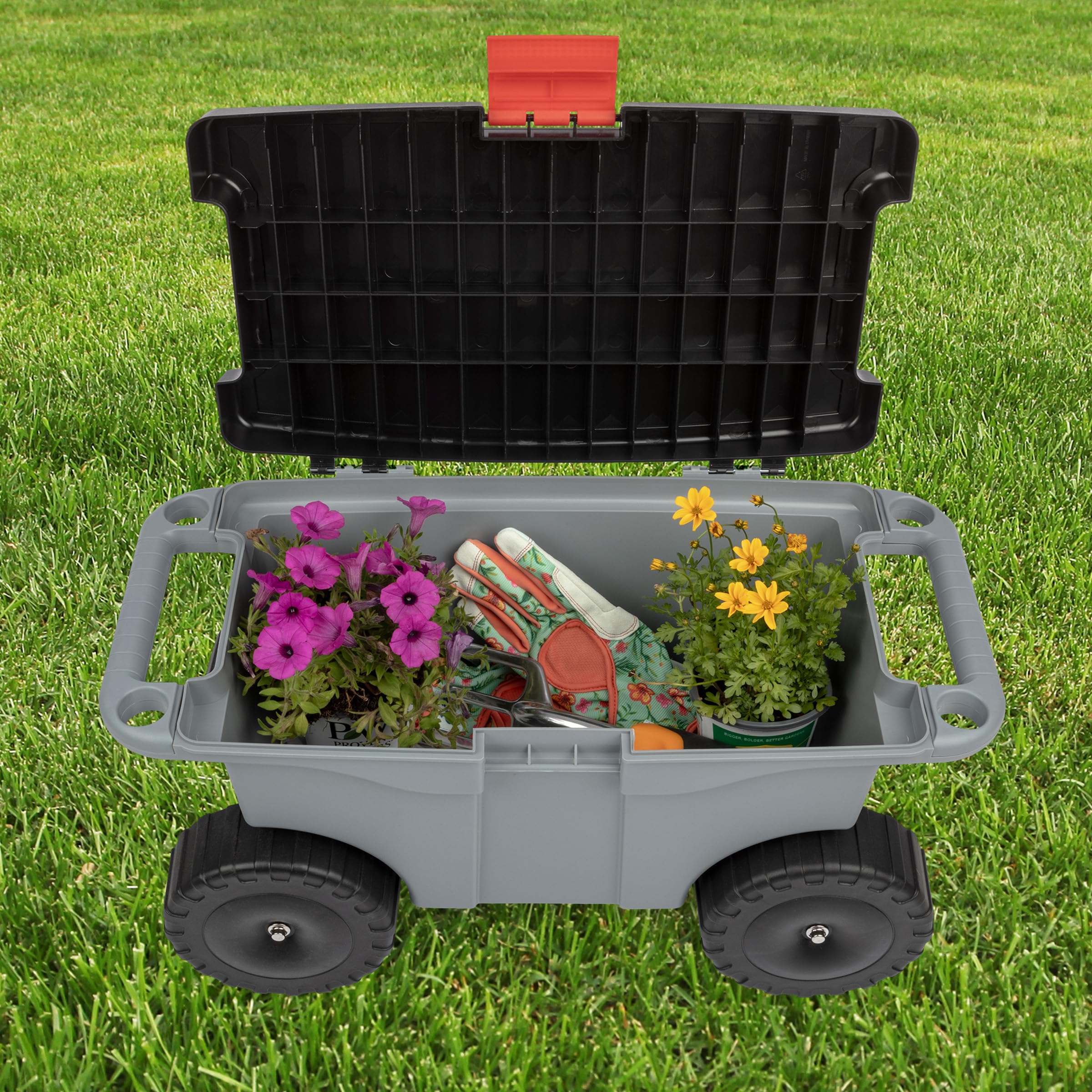 Pure Garden Rolling Garden Cart with various gardening tools