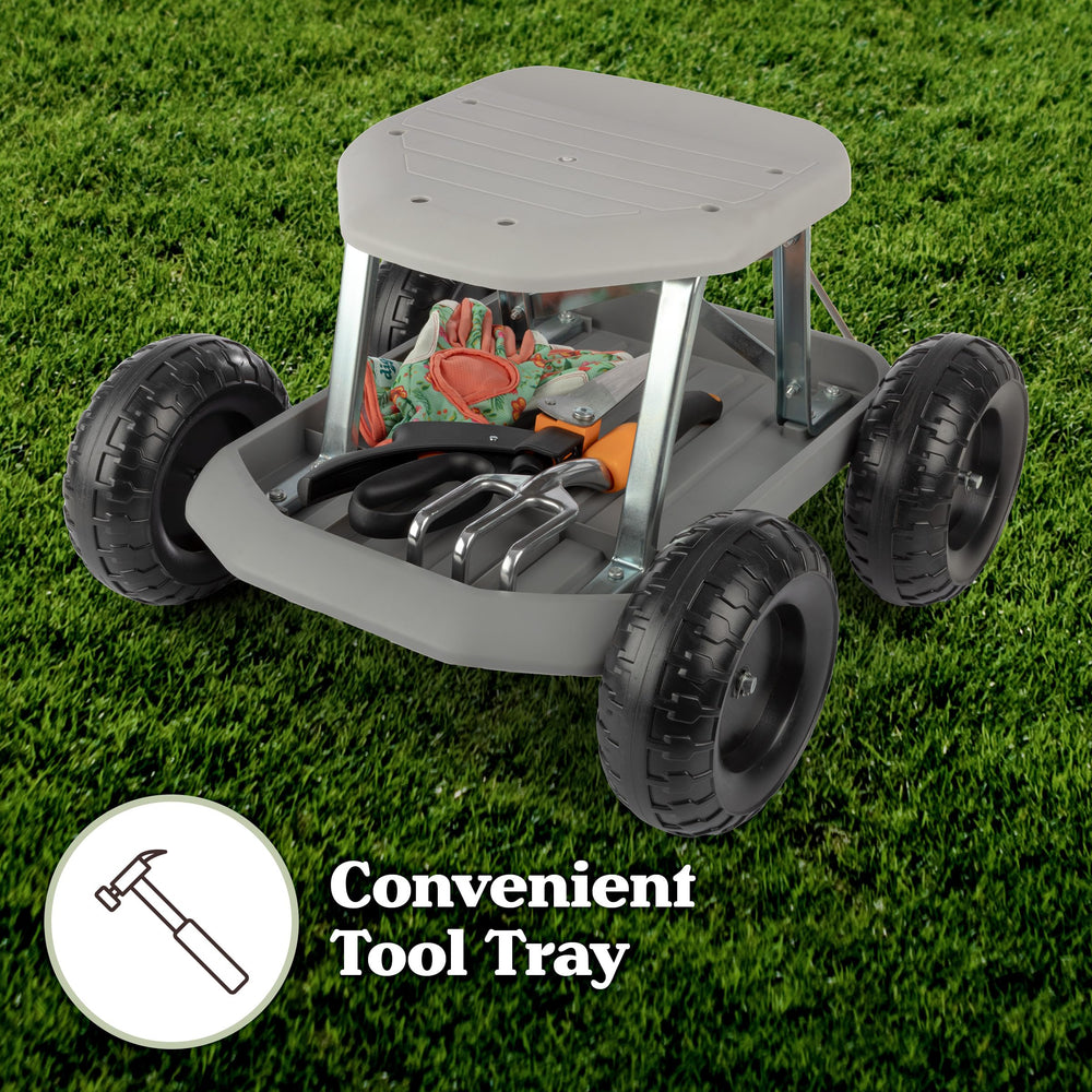 Pure Garden Rolling Garden Stool in use during gardening