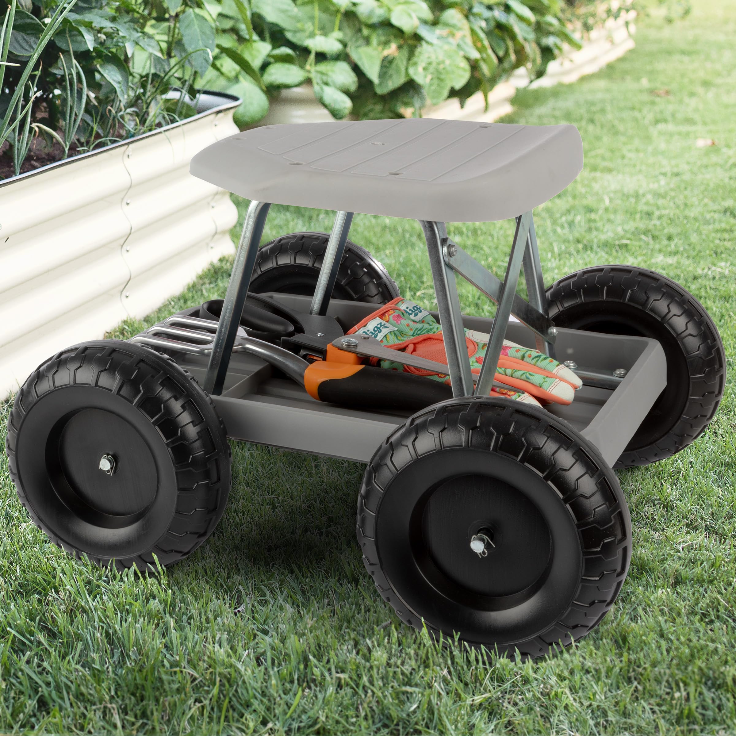 Pure Garden Rolling Garden Stool with tools in tray