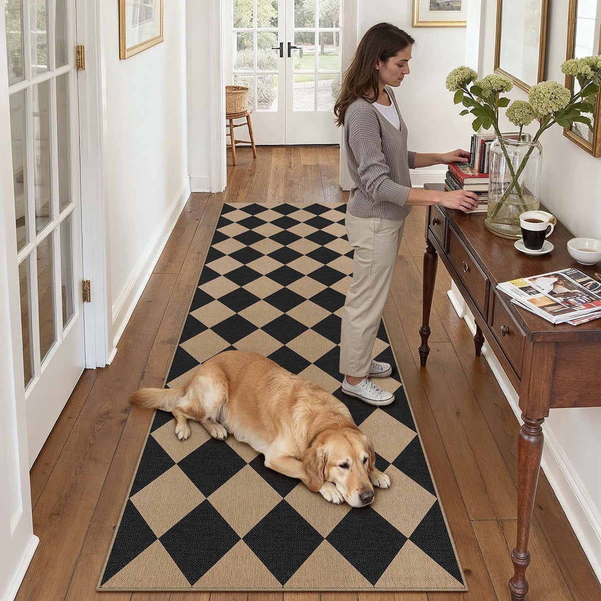 PureCozy 2' x 8' black checkered washable runner rug front view