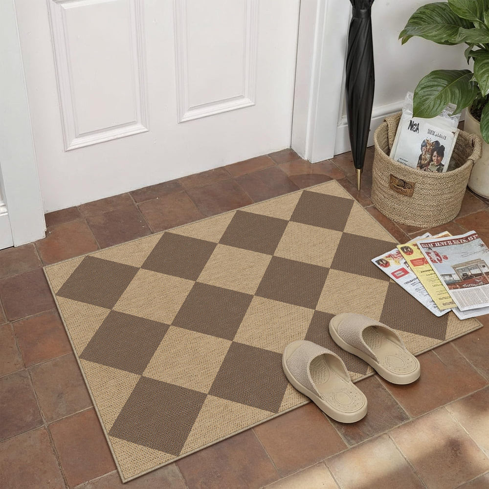 PureCozy 2x3 Brown Checkered Area Rug on kitchen floor
