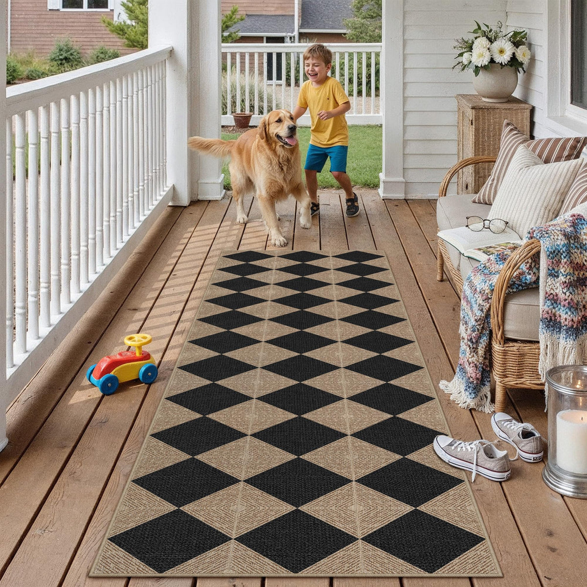 PureCozy 2x8 black checkered runner rug front view