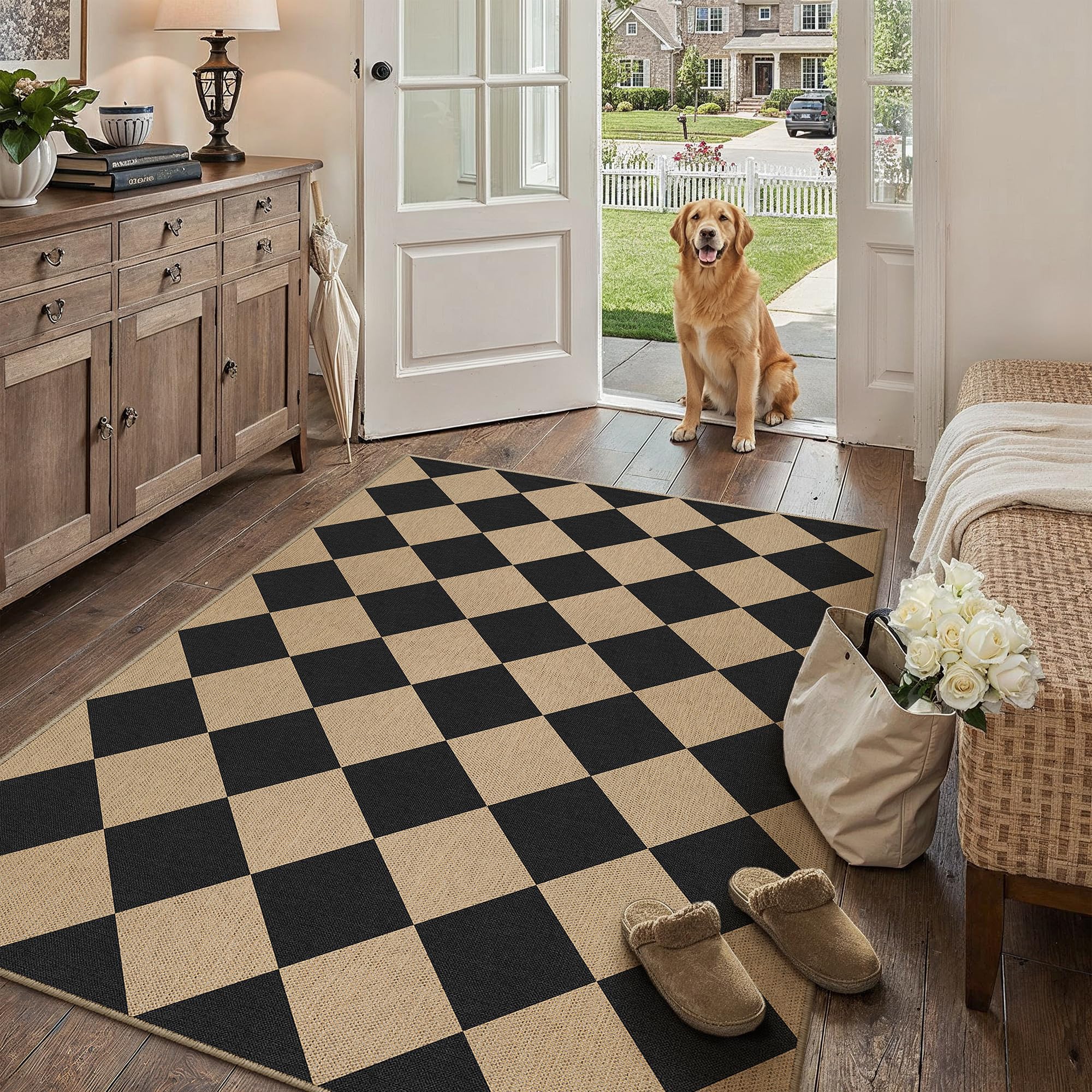 PureCozy 4x6 Black Checkered Area Rug front view