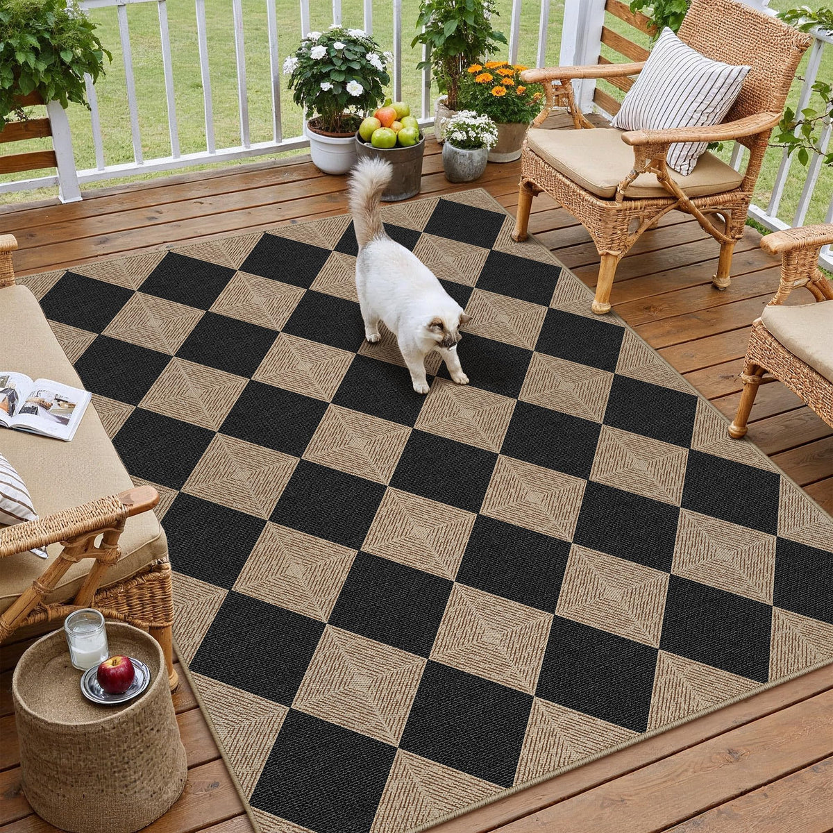 PureCozy 4x6 black checkered area rug front view
