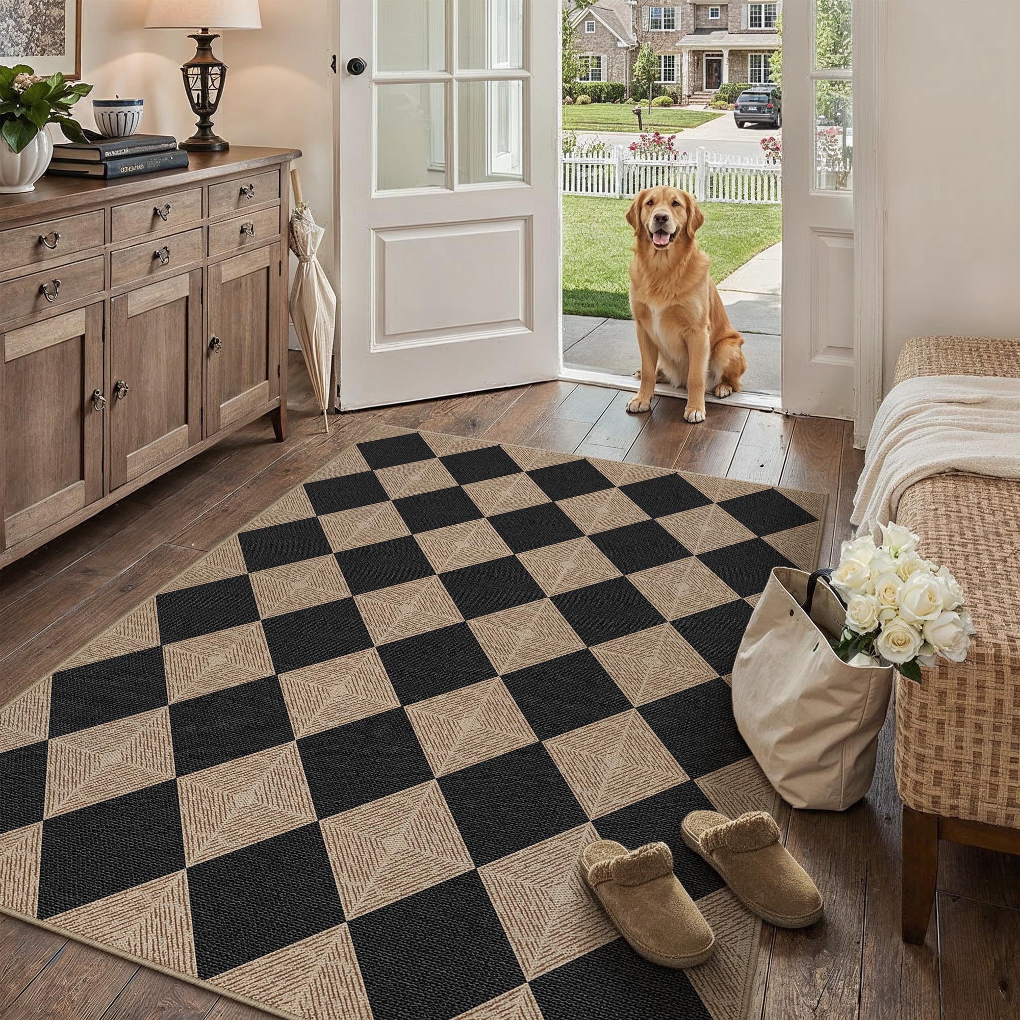 PureCozy 4x6 black checkered rug in a living room setting