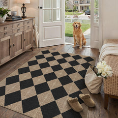PureCozy 4x6 black checkered rug in a living room setting