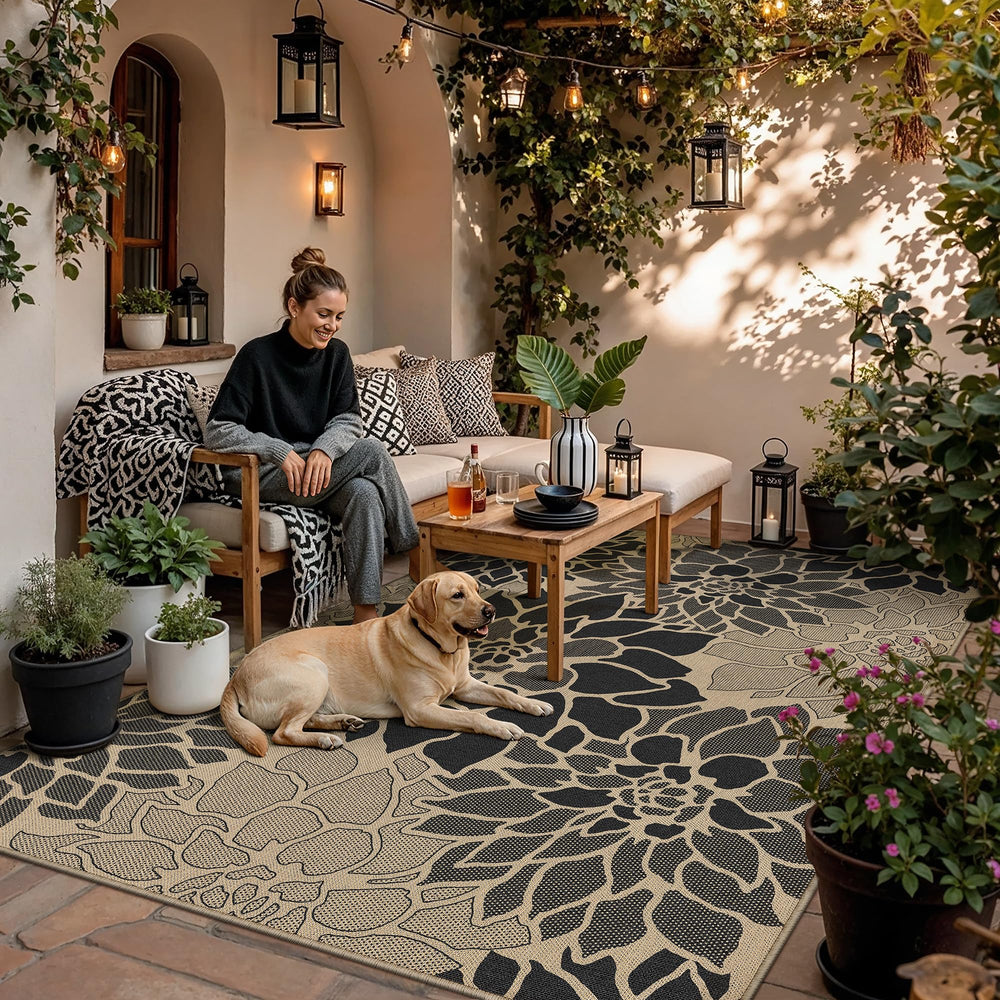 PureCozy 5x7 Black Jute Outdoor Rug front view
