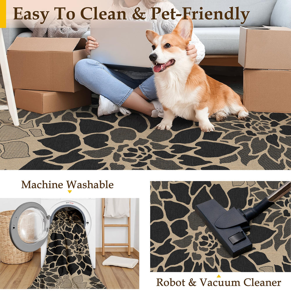 PureCozy 5x7 Black Jute Outdoor Rug under dining table