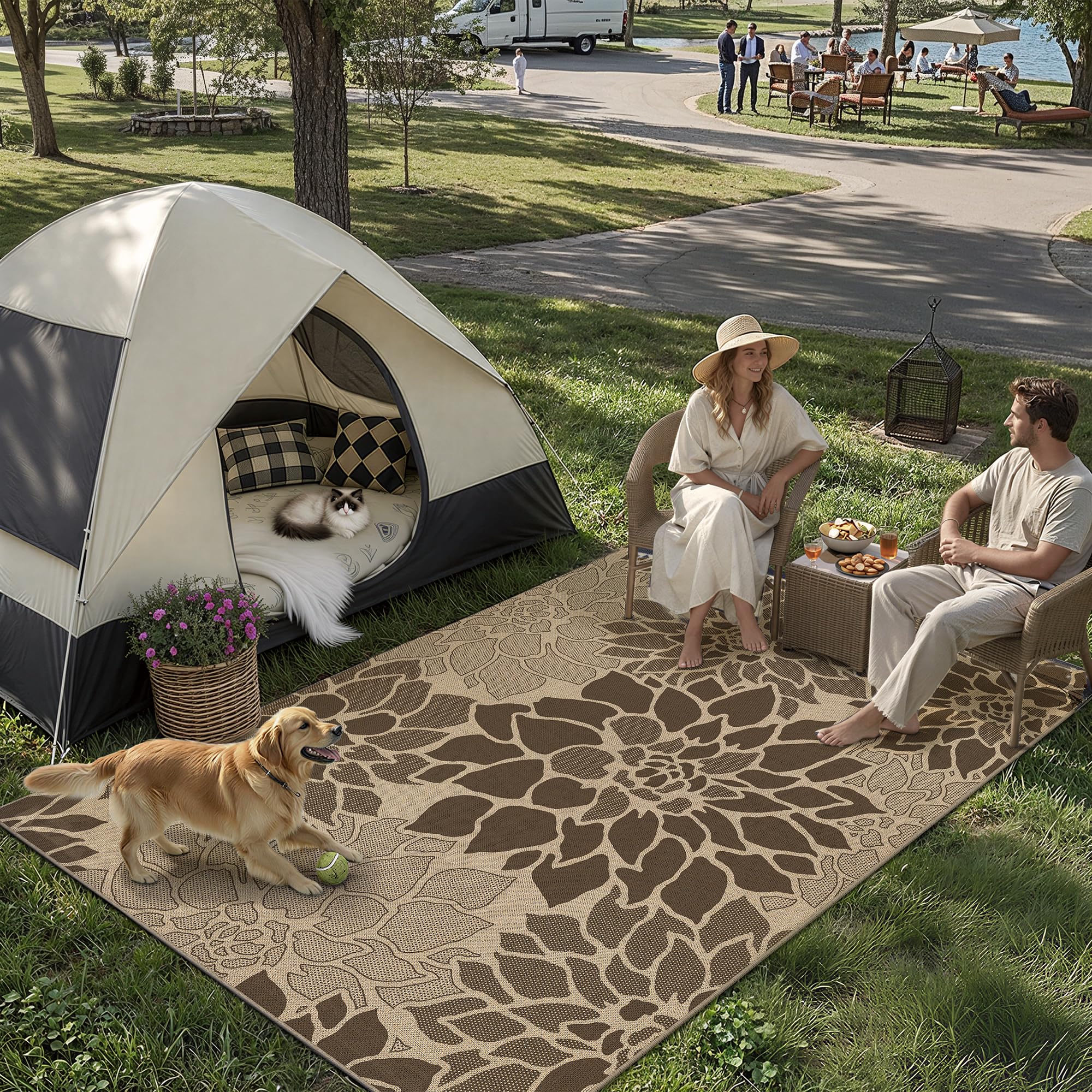 PureCozy 5x7 Brown Outdoor Rug in backyard setting