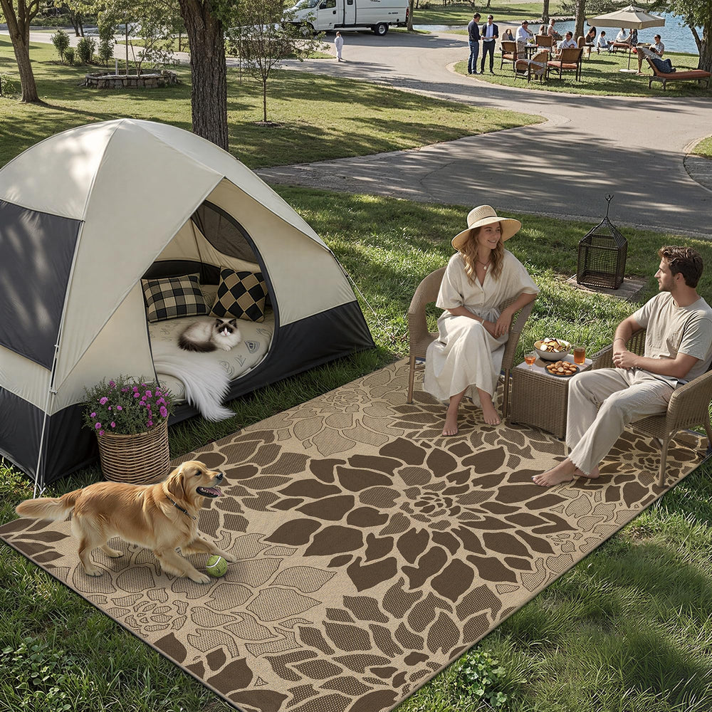 PureCozy 5x7 Brown Outdoor Rug in backyard setting