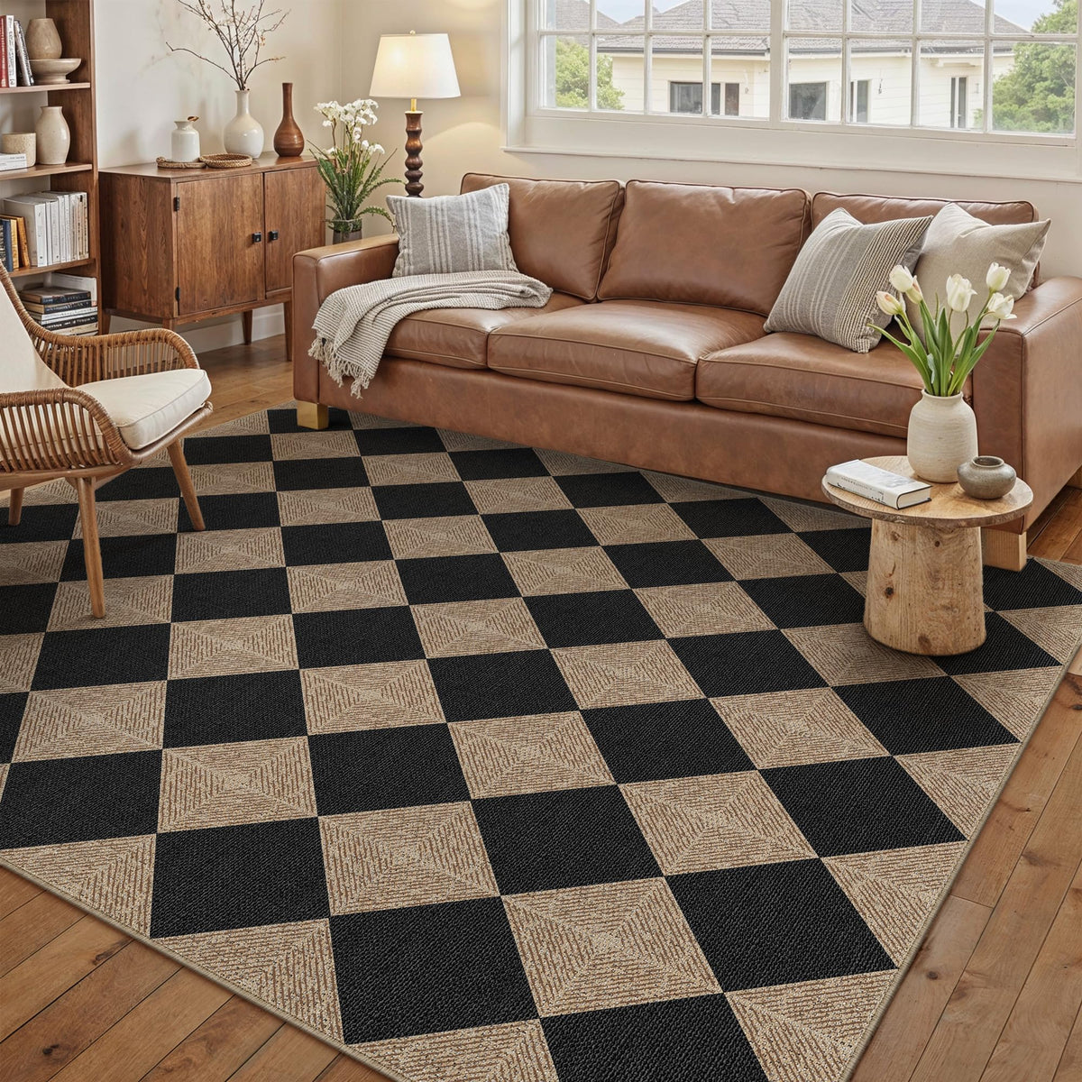 PureCozy 5x7 checkered rug front view in black and natural colours