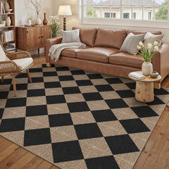 PureCozy 5x7 checkered rug front view in black and natural colours